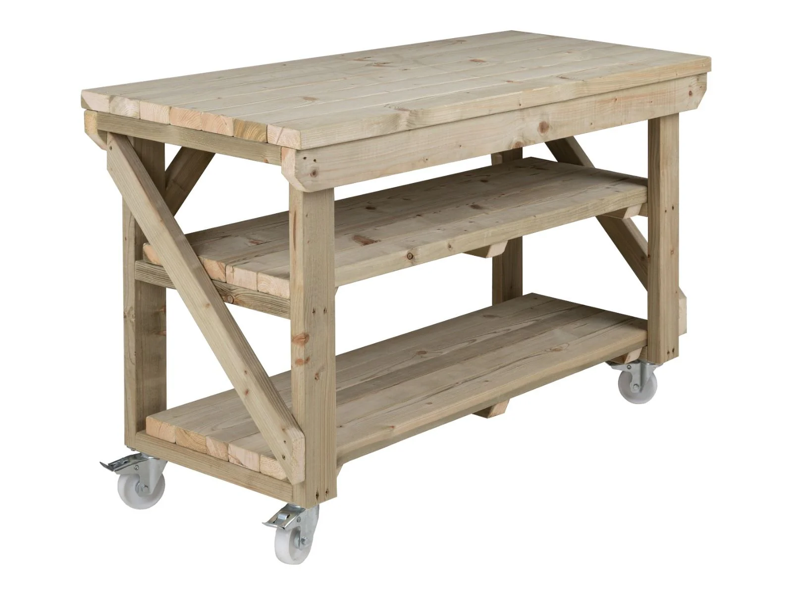 Indoor/outdoor workbench, pressure treated bench with double shelf and wheels - Image 7