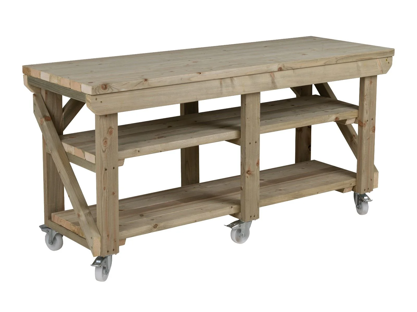 Indoor/outdoor workbench, pressure treated bench with double shelf and wheels - Image 9