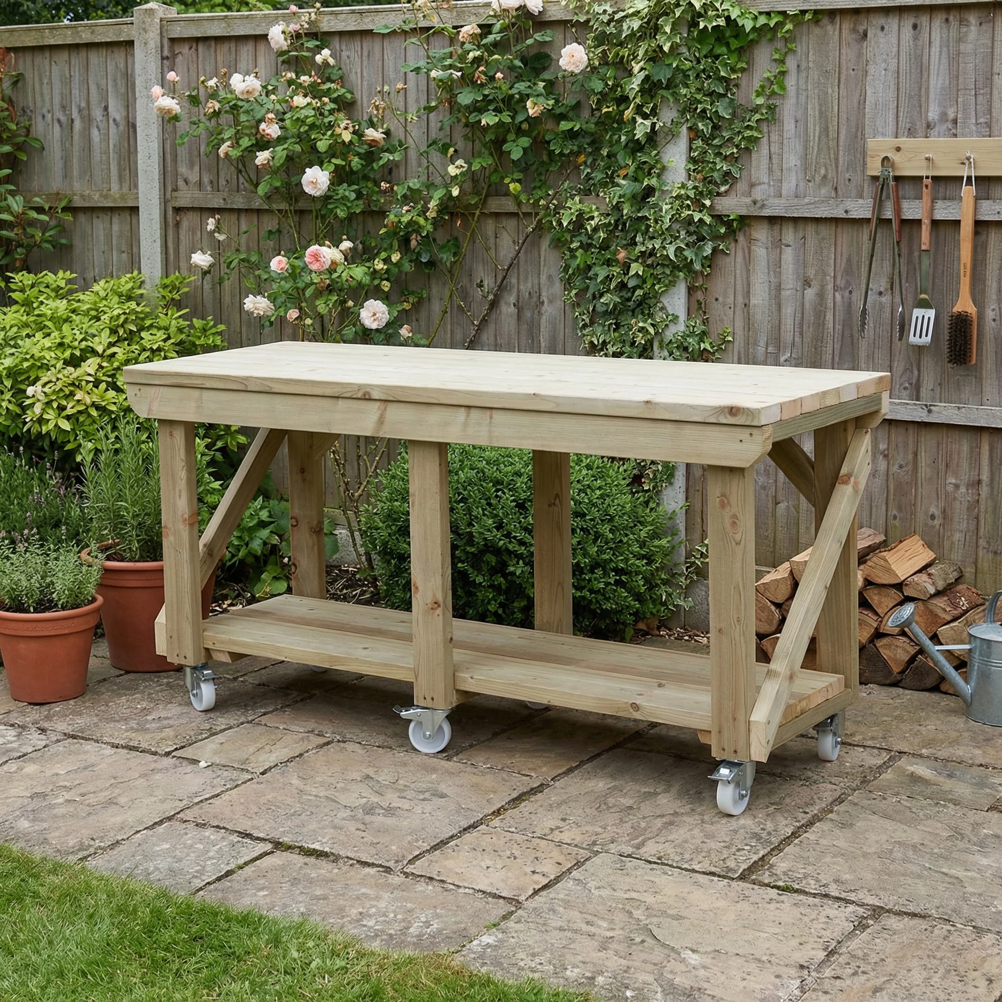 Indoor/outdoor workbench, pressure treated bench with wheels - Image 3
