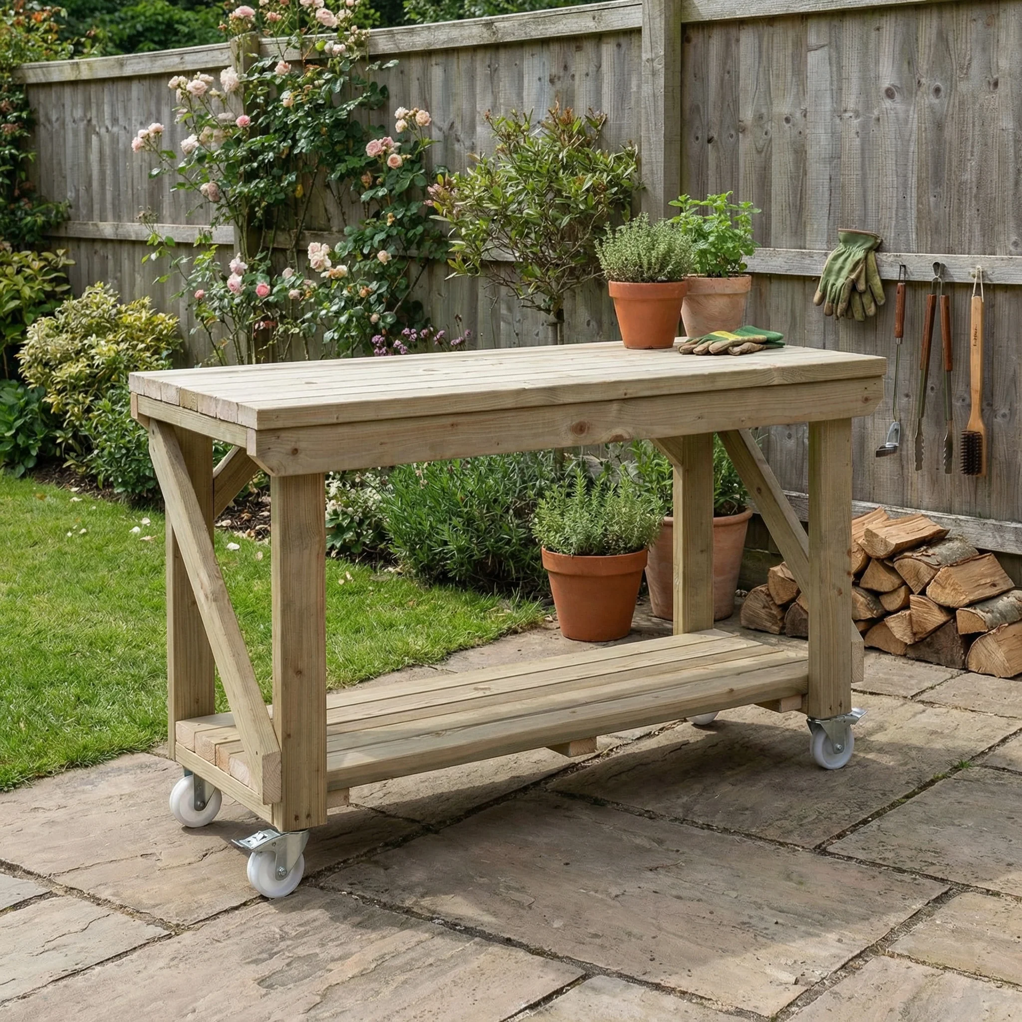 Indoor/outdoor workbench, pressure treated bench with wheels - Image 4