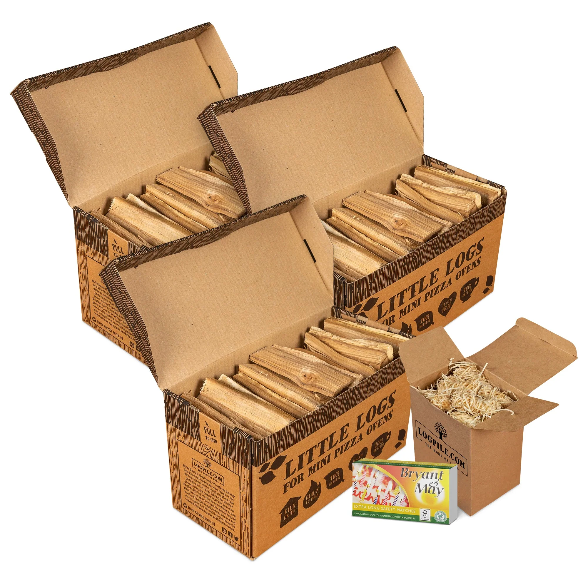 Oak Little Logs Starter Kit For Mini Pizza Ovens. 3 Boxes Little Logs, Natural Firelighters and Matches