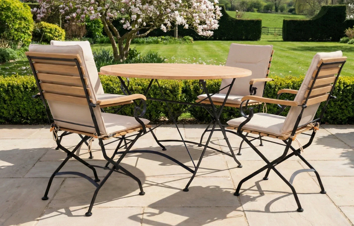 Sicily 4 Seater Teak and Wrought Iron Round 110cm Garden Dining Set - Image 12