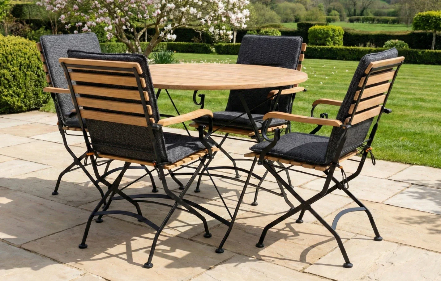 Sicily 4 Seater Teak and Wrought Iron Round 110cm Garden Dining Set - Image 13