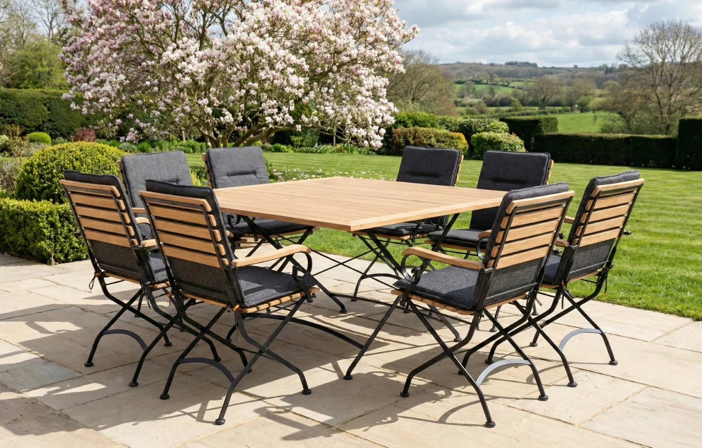 Sicily 8 Seater Teak and Wrought Iron Square 140cm Garden Dining Set - Image 11