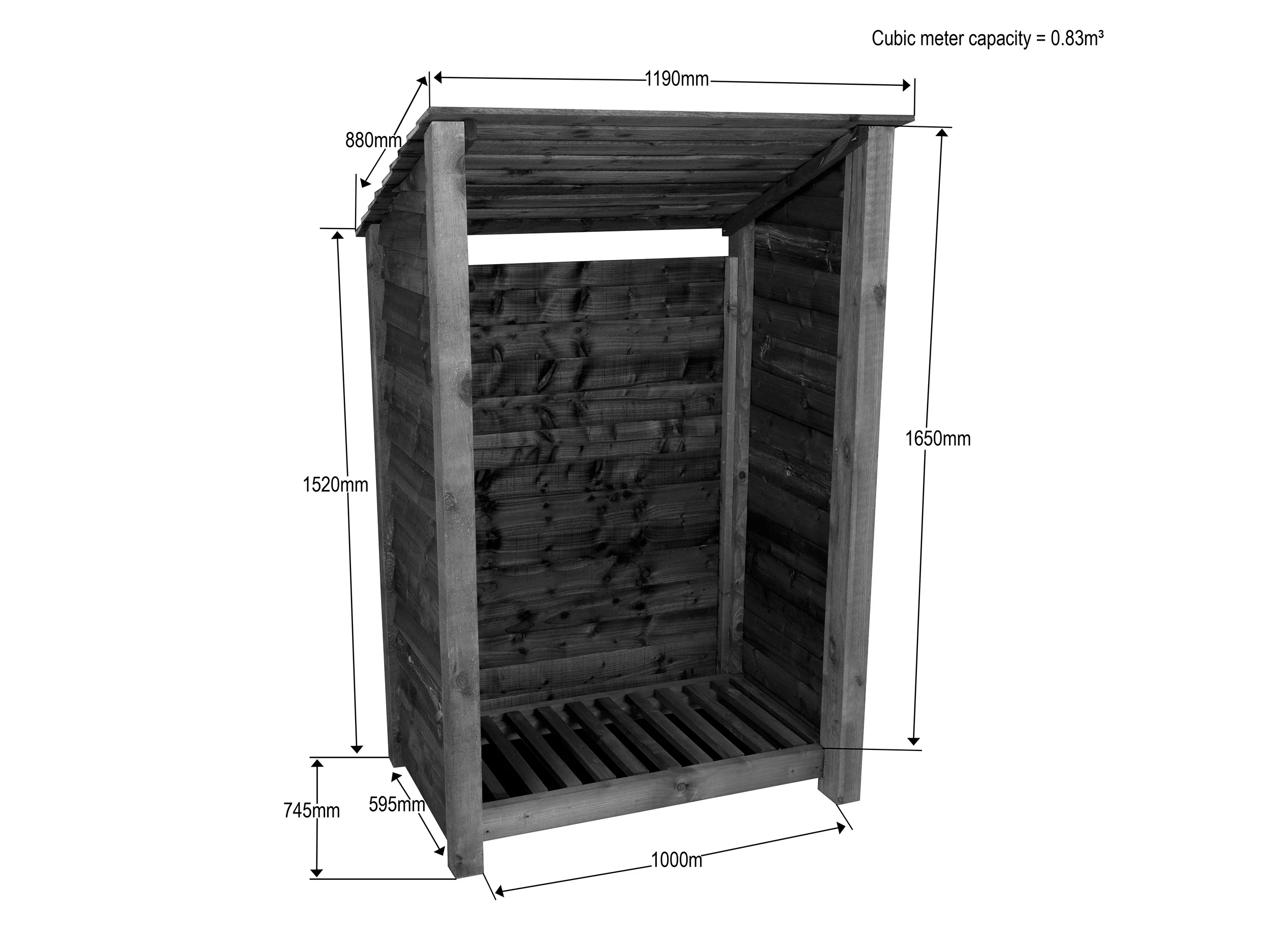 Wooden Log Store (Roof Sloping Back) W-119cm, H-126cm Or 180cm, D-88cm - Image 3