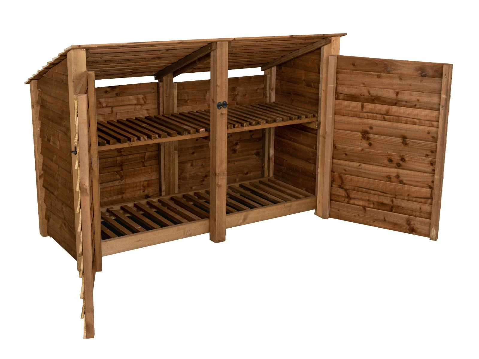Wooden Log Store (Roof Sloping Back) with Doors and Shelf W-187cm, H-126cm or 180cm, D-88cm - Brown Finish - Image 3