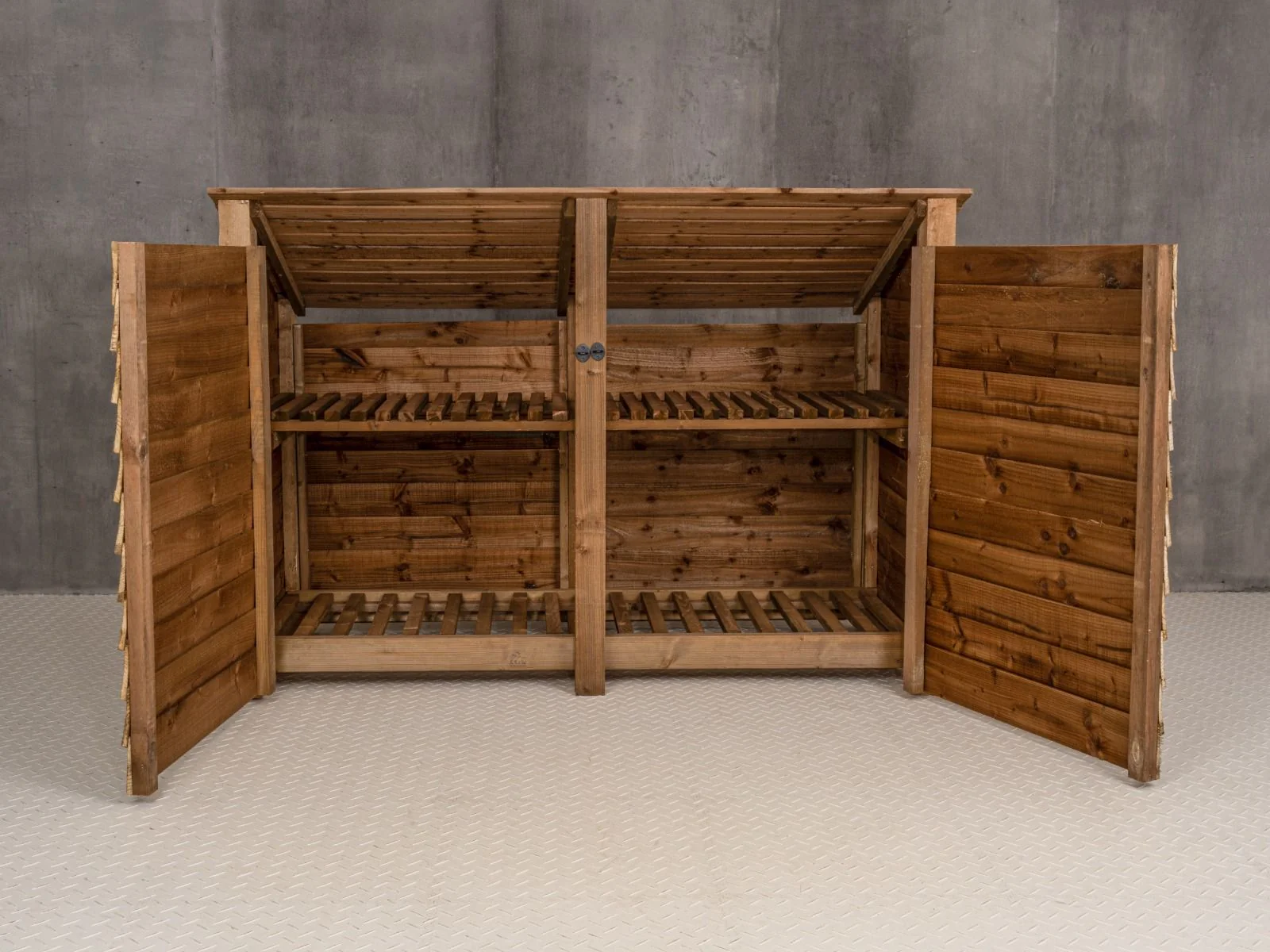 Wooden Log Store (Roof Sloping Back) with Doors and Shelf W-187cm, H-126cm or 180cm, D-88cm - Brown Finish - Image 5