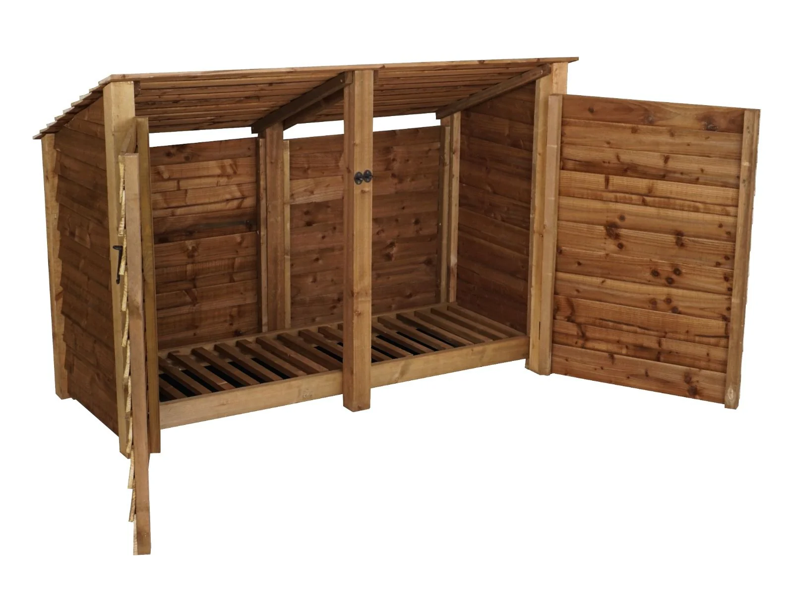 Wooden Log Store (Roof Sloping Back) with Doors W-187cm, H-126cm or 180cm, D-88cm - Brown Finish - Image 3