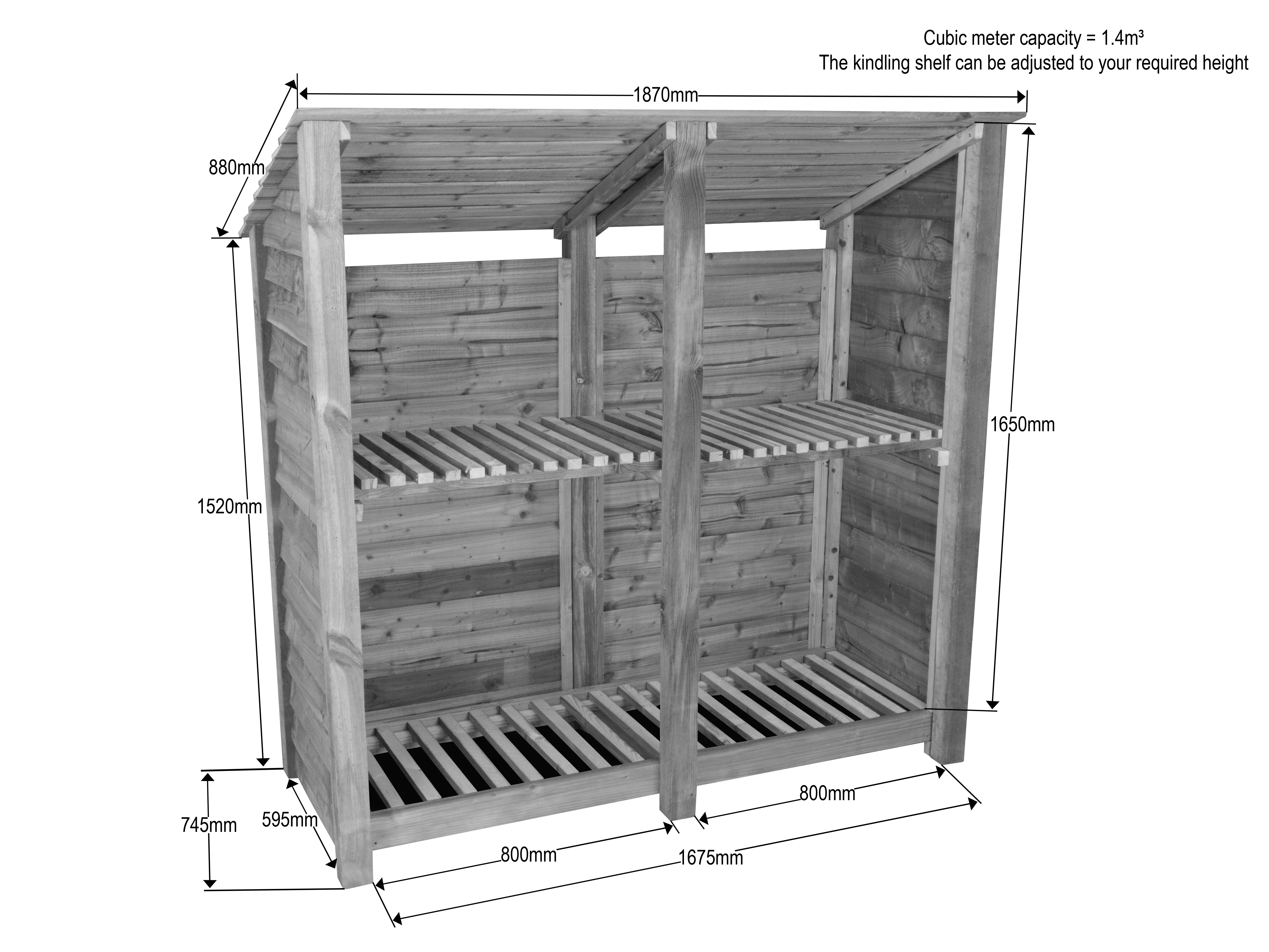 Wooden Log Store (Roof Sloping Back) with Shelf W-187cm, H-126cm or 180cm, D-88cm - Image 7