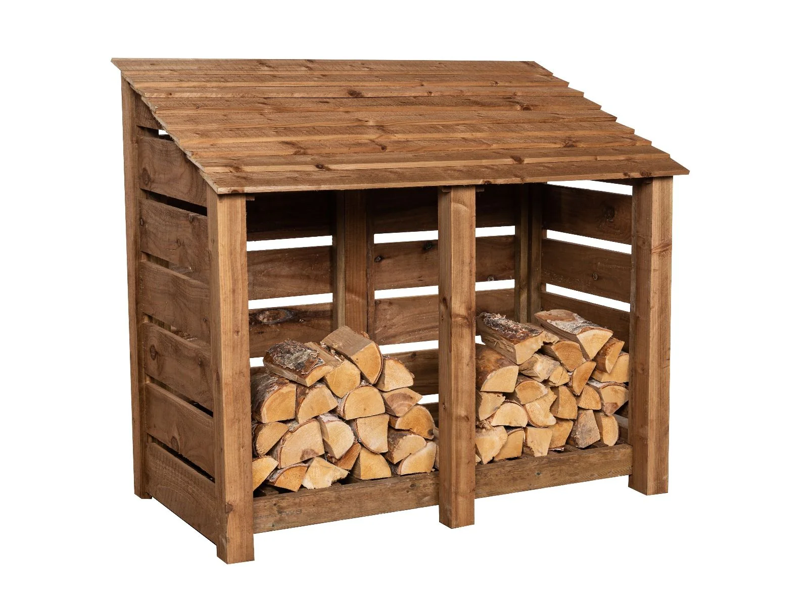 Slatted Wooden Log Store W-146cm, H-126cm or 180cm, D-88cm - Brown Finish - Image 5