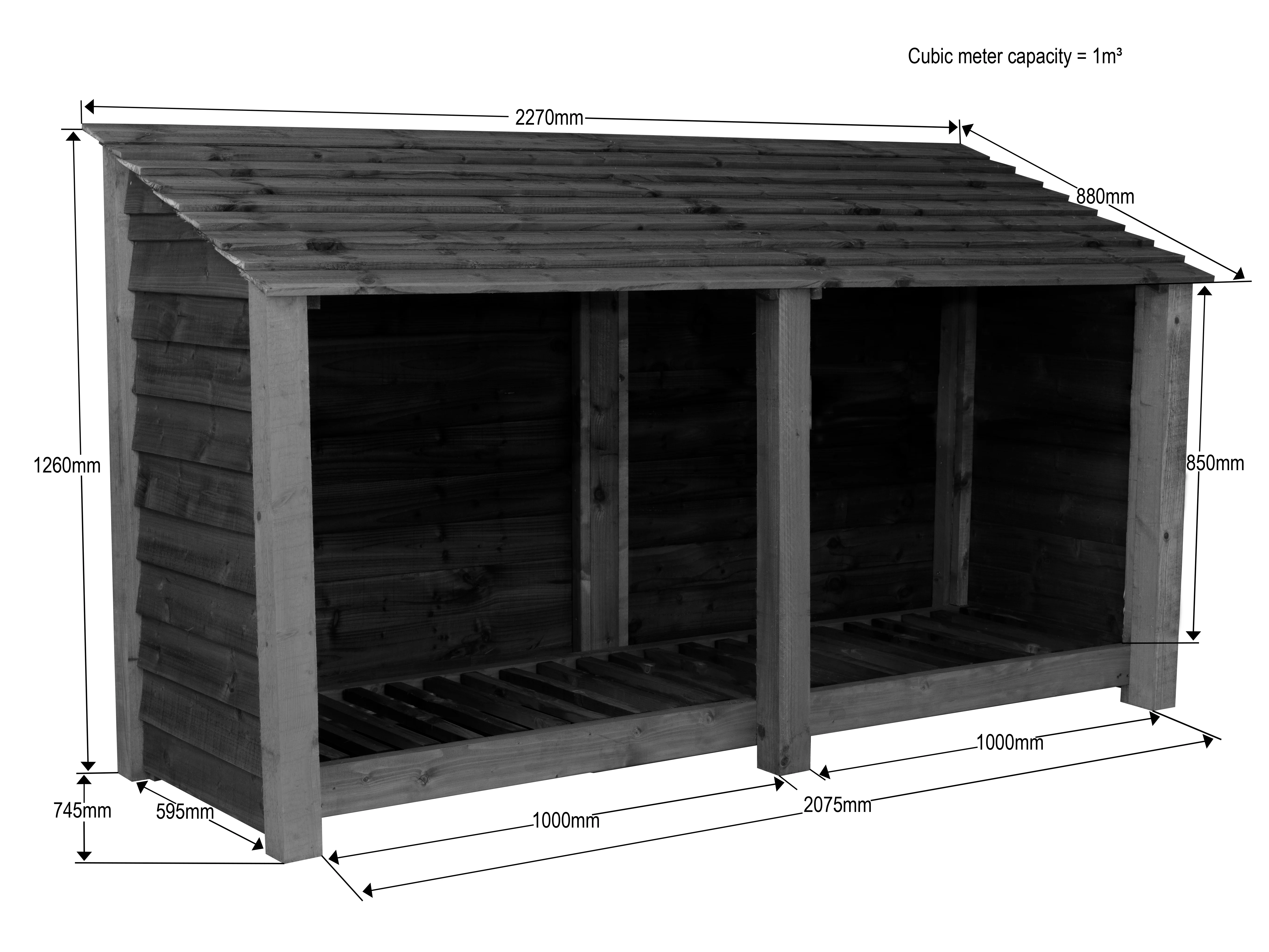 Slatted Wooden Log Store W-227cm, H-126cm or 180cm, D-88cm - Image 7