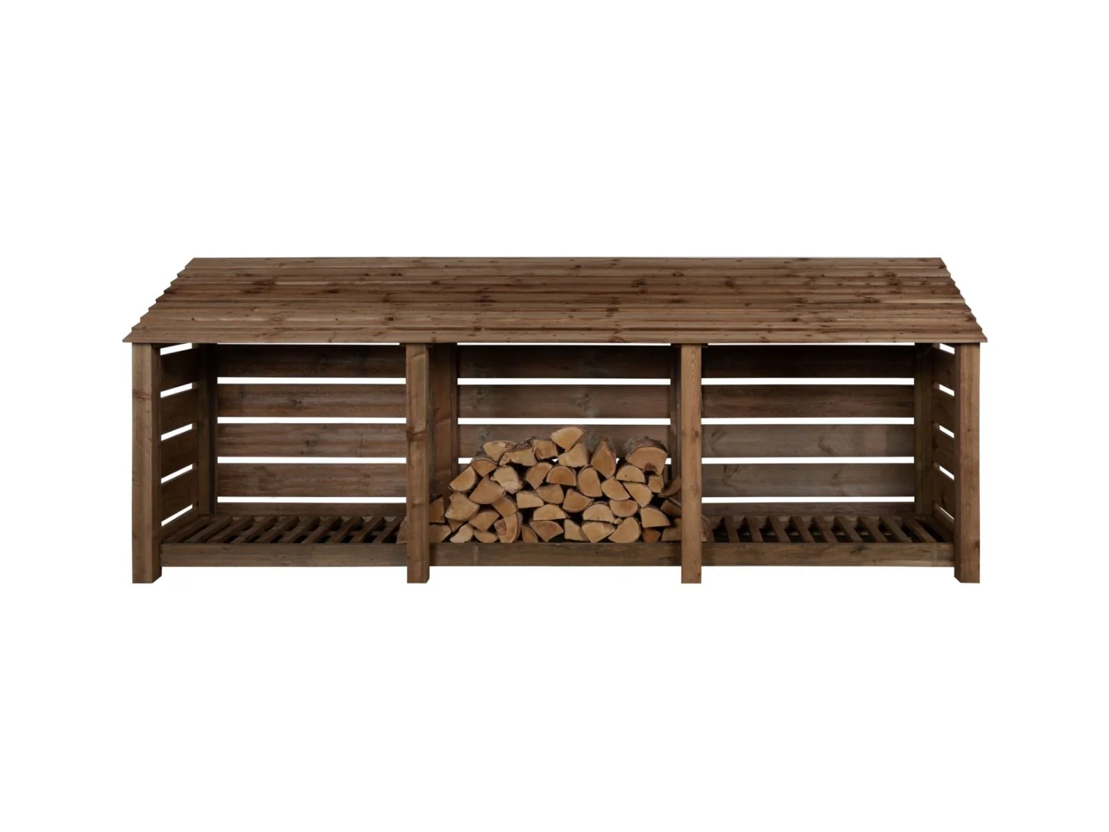 Slatted Wooden Log Store W-335cm, H-126cm or 180cm, D-88cm - Brown Finish - Image 3