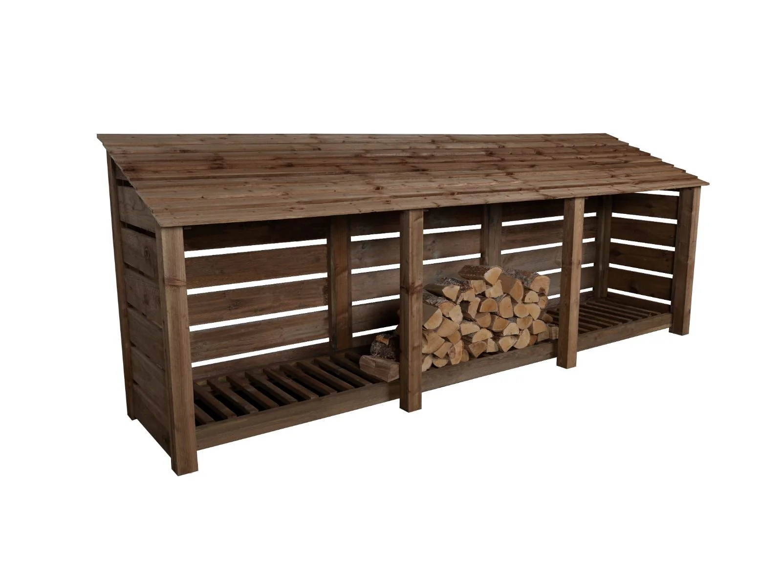 Slatted Wooden Log Store W-335cm, H-126cm or 180cm, D-88cm - Brown Finish - Image 4