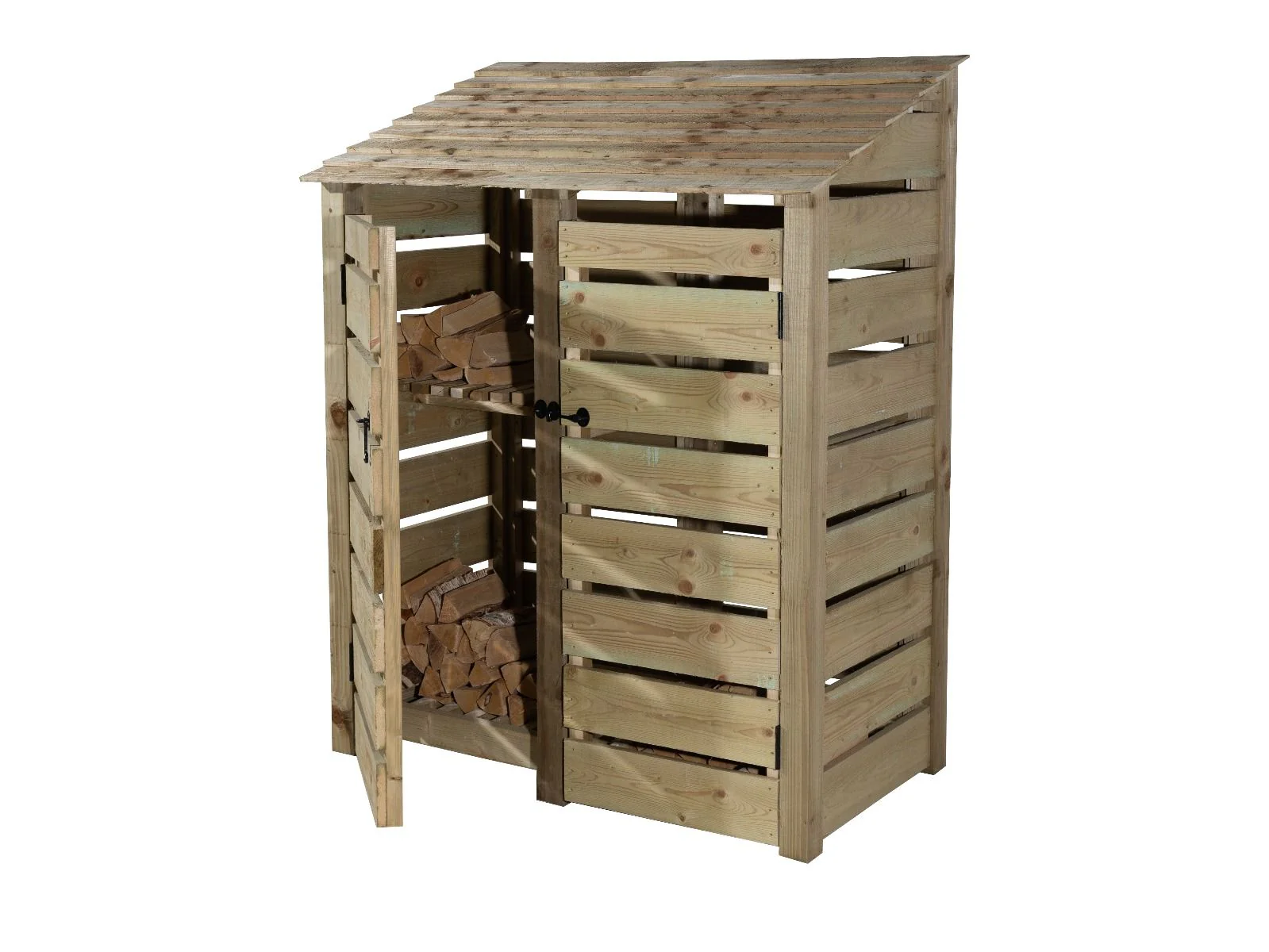 Slatted Wooden Log Store with Door and Shelf W-146cm, H-126cm or 180cm, D-88cm - Image 3