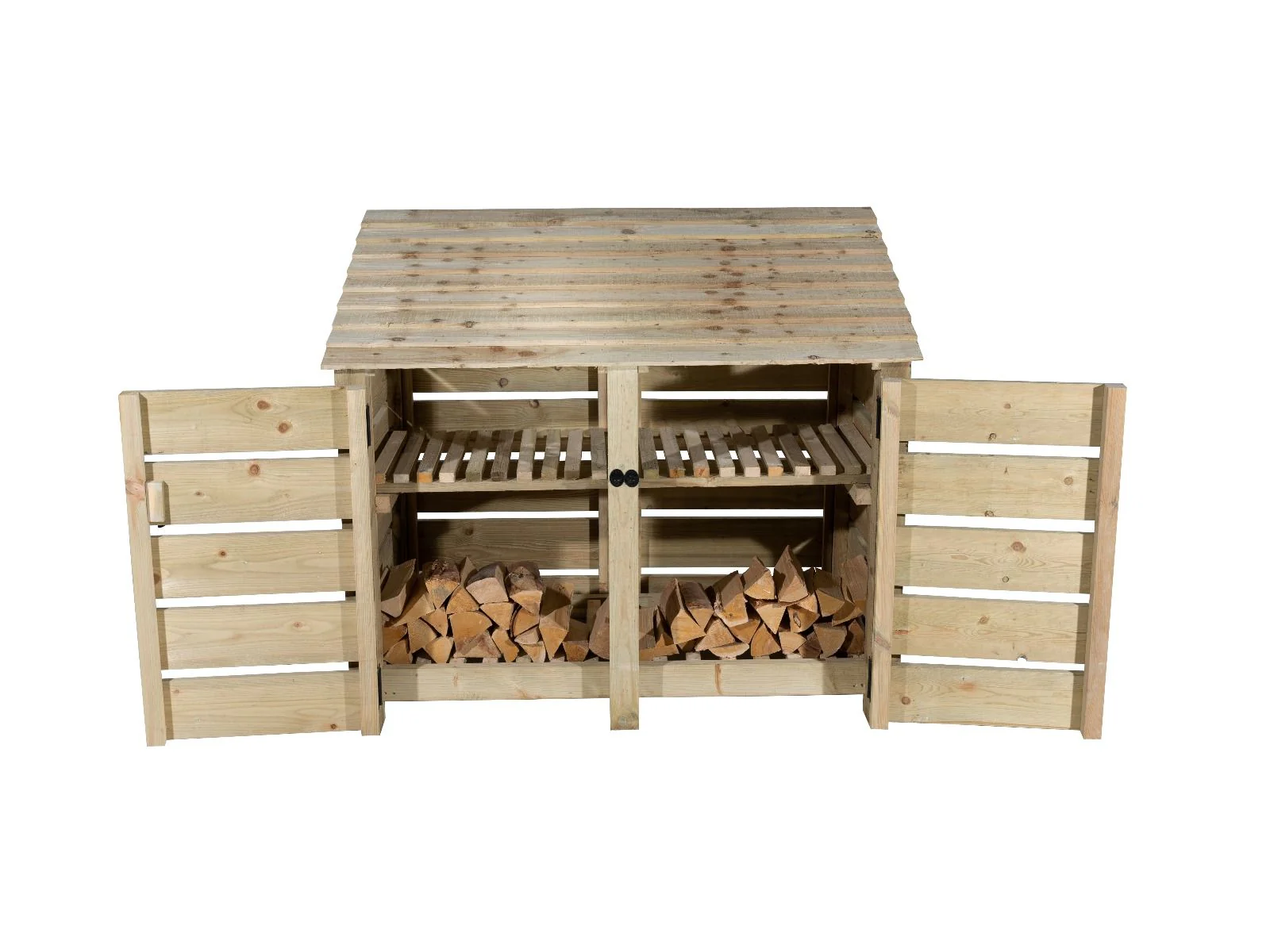 Slatted Wooden Log Store with Door and Shelf W-146cm, H-126cm or 180cm, D-88cm - Image 4