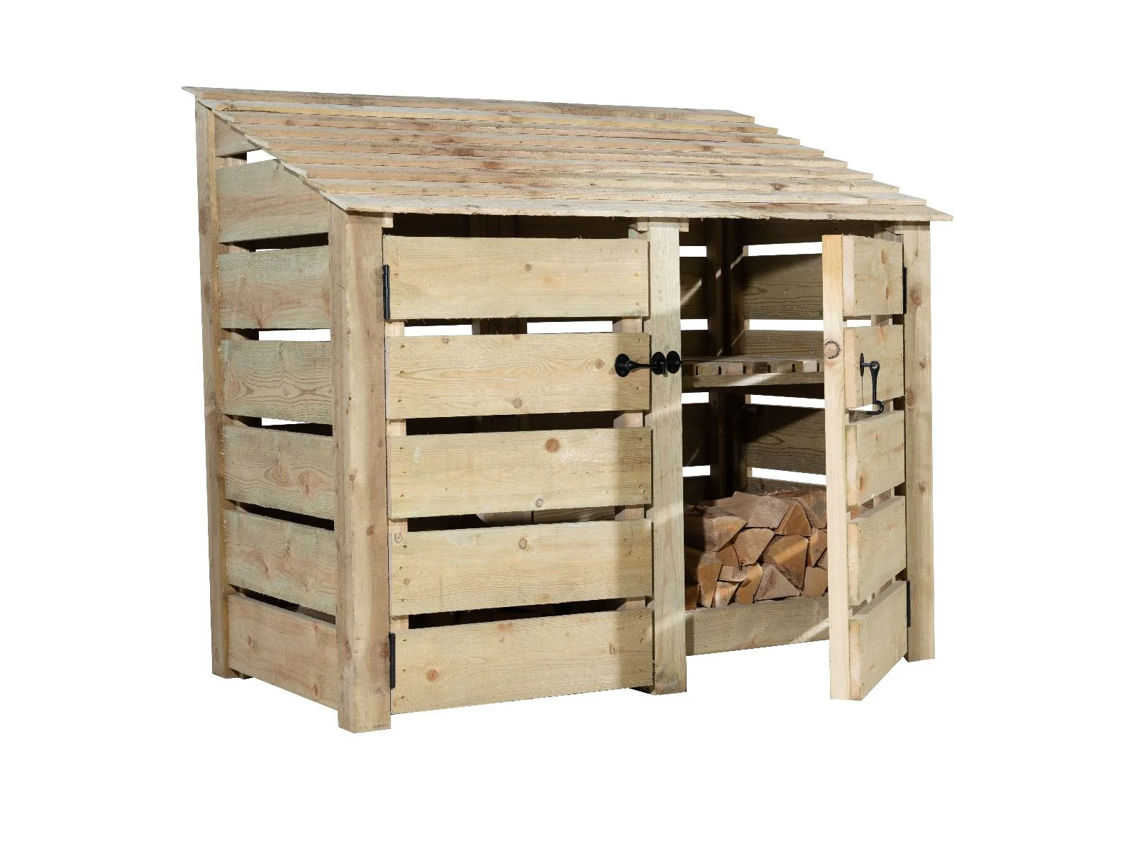 Slatted Wooden Log Store with Door and Shelf W-146cm, H-126cm or 180cm, D-88cm - Image 7