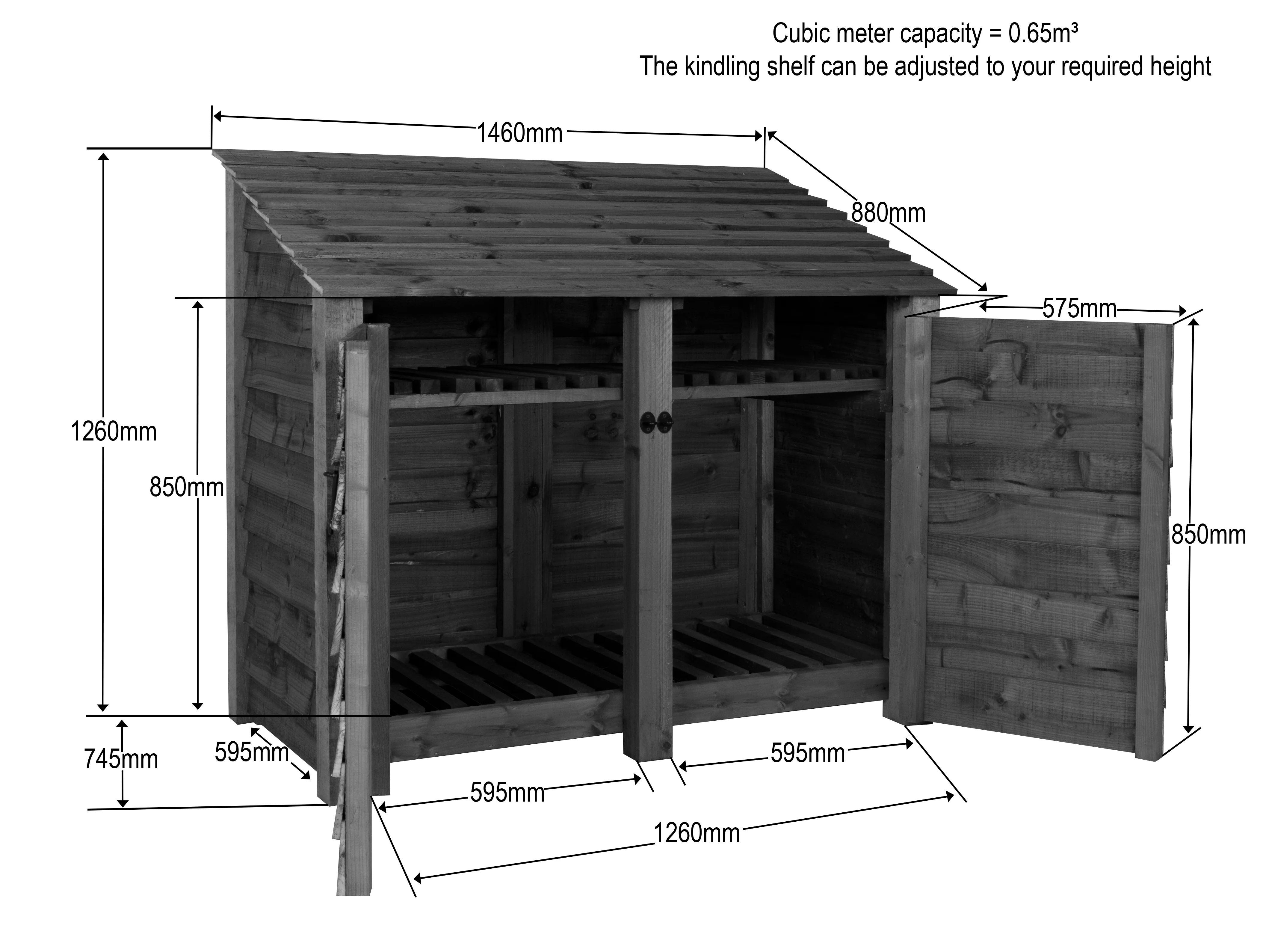 Slatted Wooden Log Store with Door and Shelf W-146cm, H-126cm or 180cm, D-88cm - Image 8