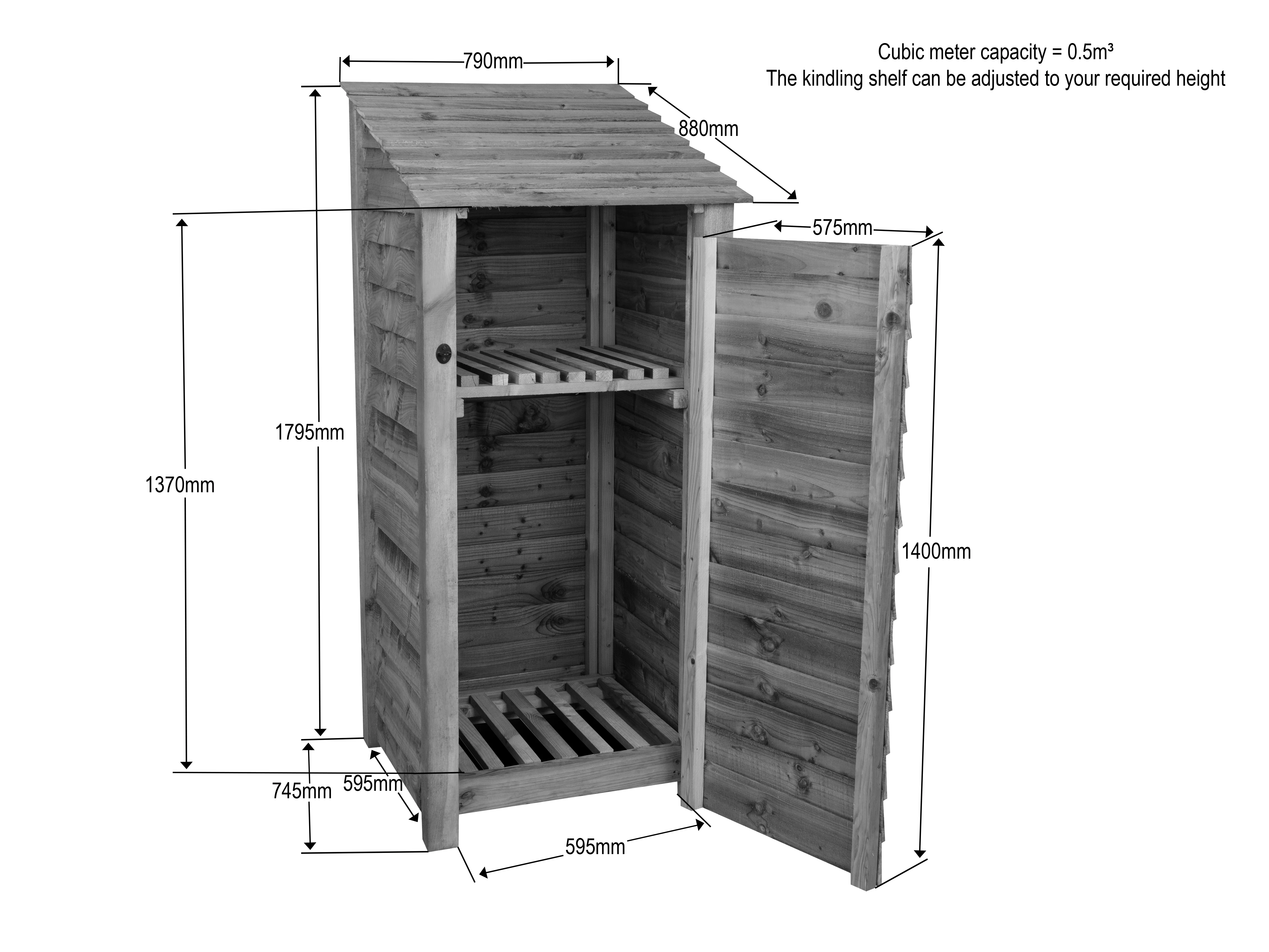 Slatted Wooden Log Store With Door and Shelf W-79cm, H-126cm or 180cm, D-88cm - Brown Finish - Image 8