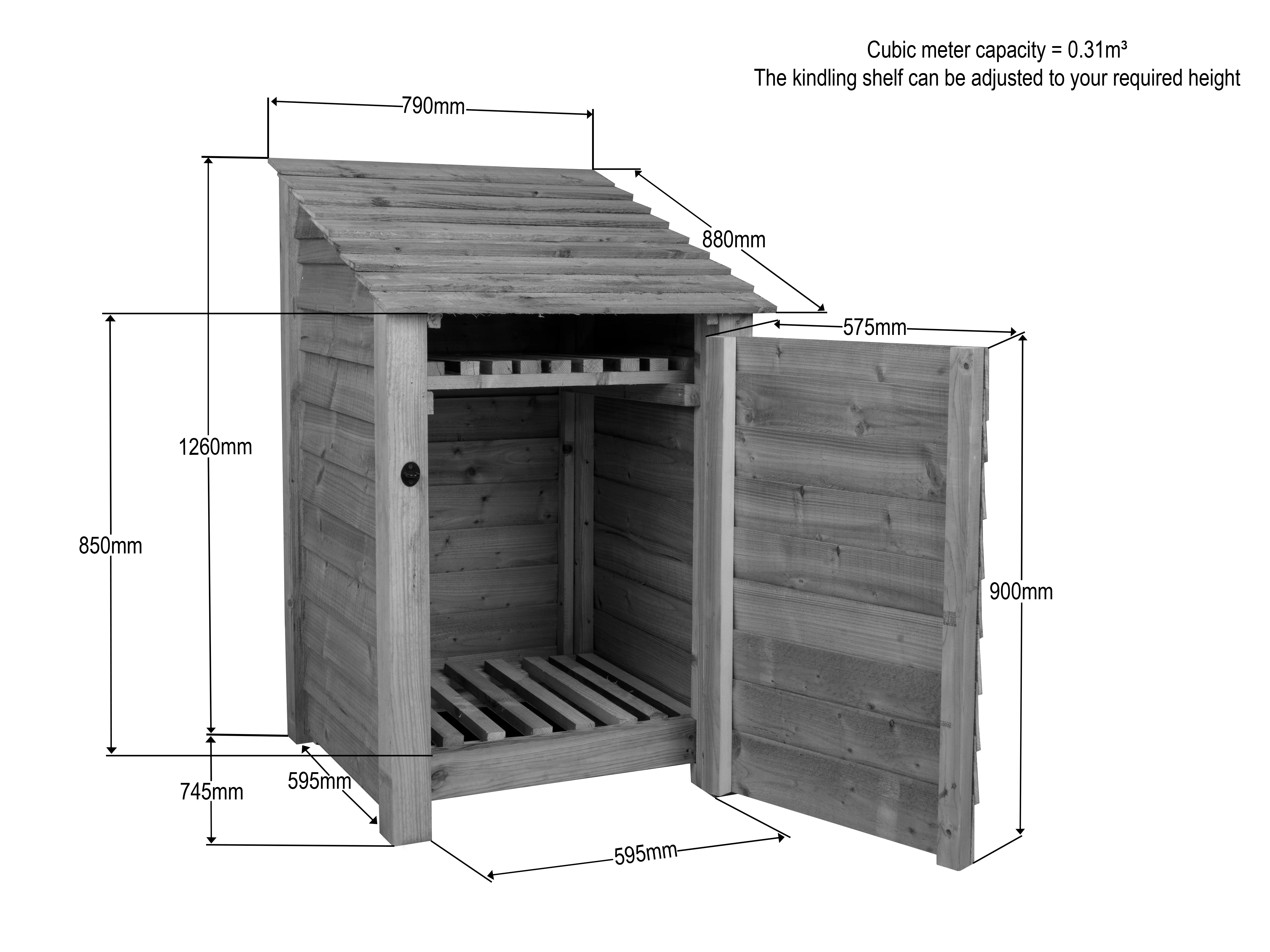 Slatted Wooden Log Store With Door and Shelf W-79cm, H-126cm or 180cm, D-88cm - Brown Finish - Image 9