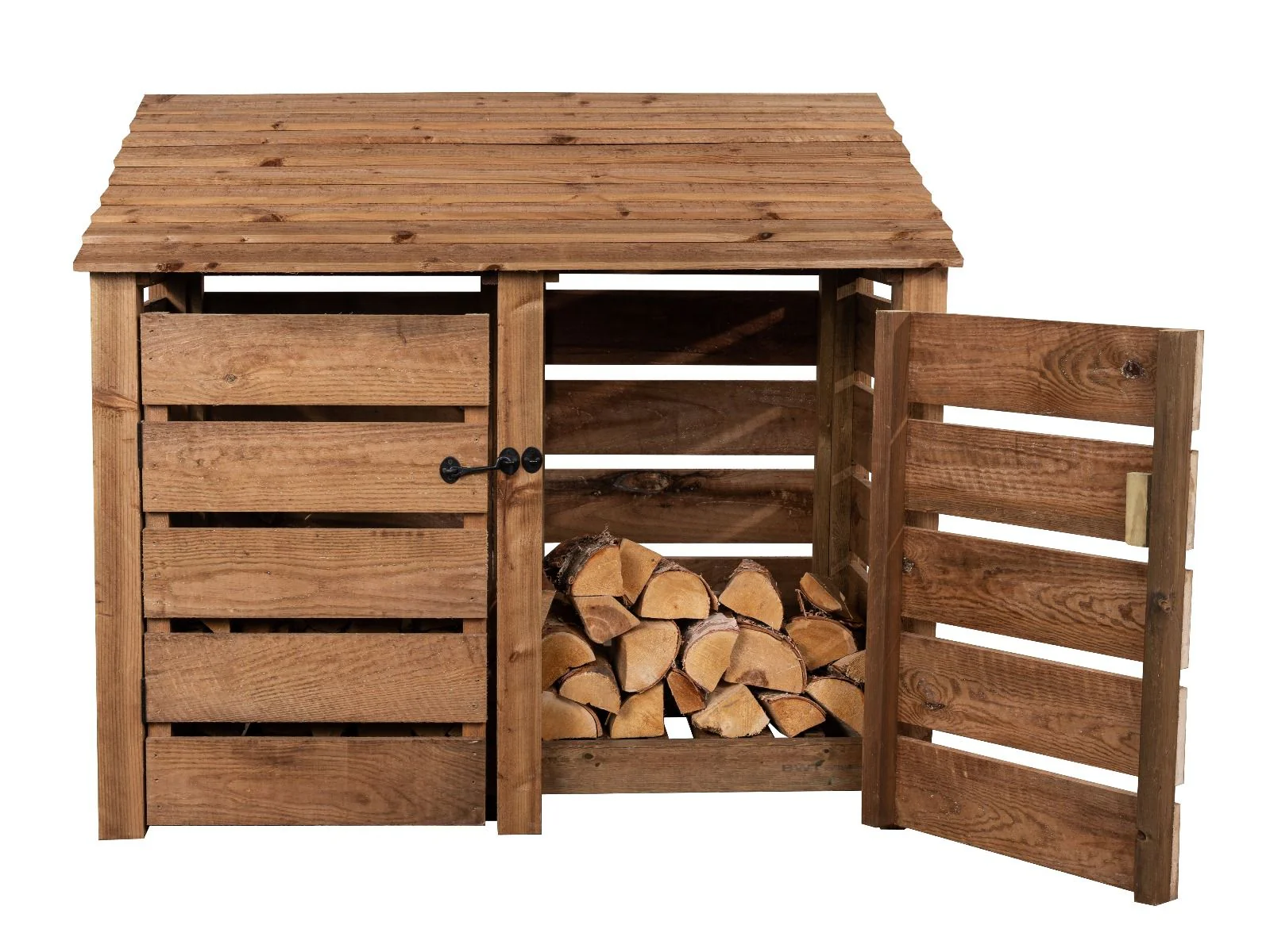 Slatted Wooden Log Store with Door W-146cm, H-126cm or 180cm, D-88cm - Brown Finish - Image 4