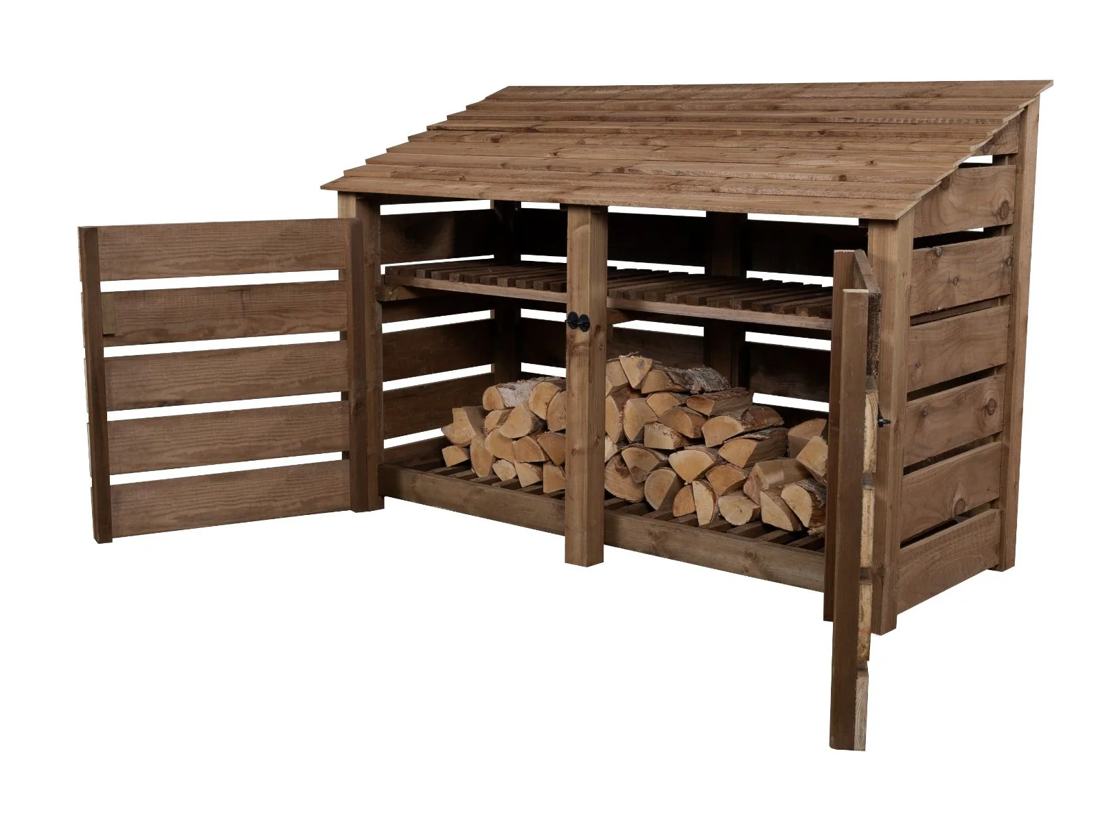 Slatted Wooden Log Store with Doors And Shelf W-187cm, H-126cm or 180cm, D-88cm - Brown Finish - Image 5