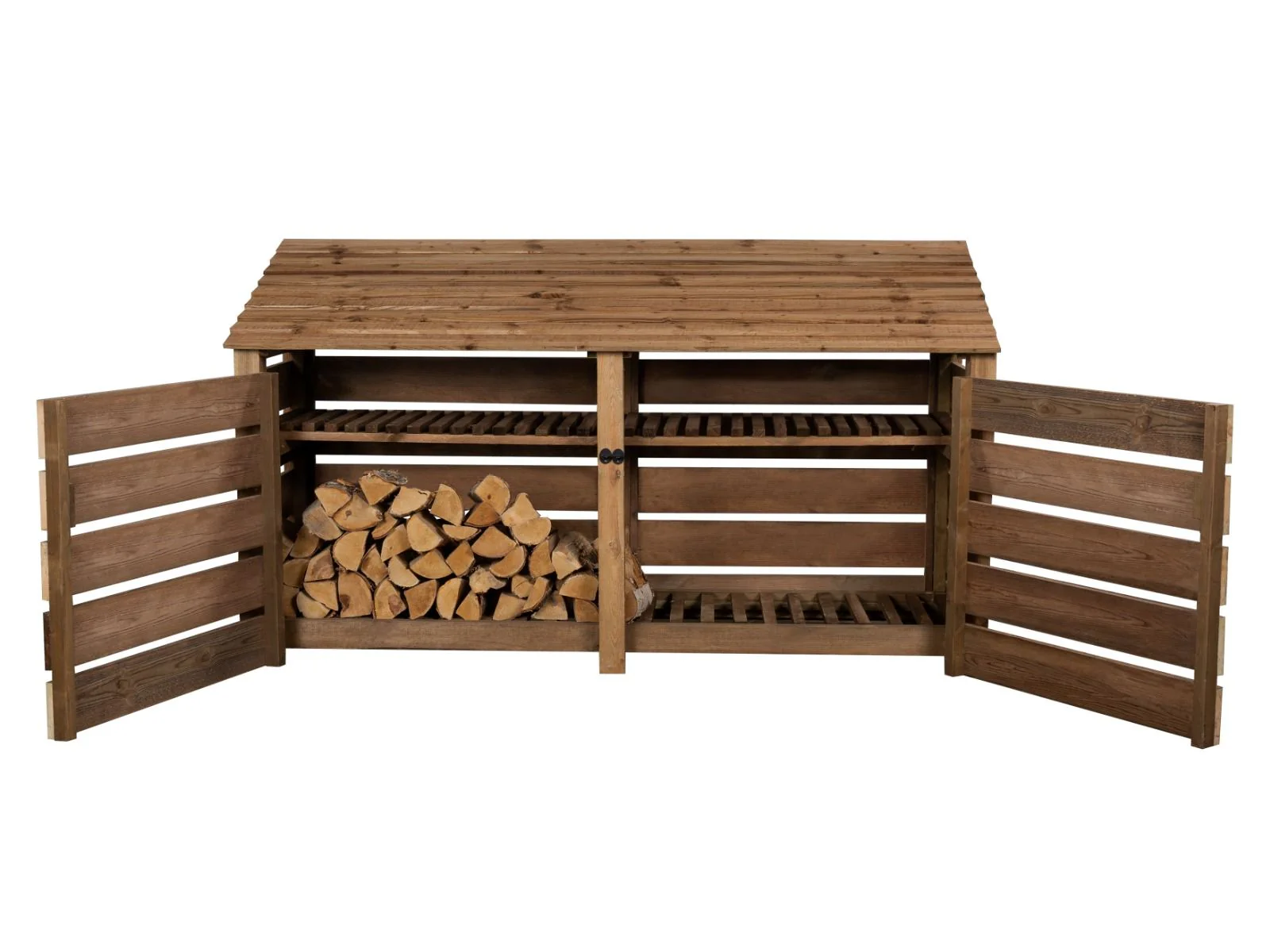 Slatted Wooden Log Store with Doors and Shelf W-227cm, H-126cm or 180cm, D-88cm - Brown Finish - Image 4