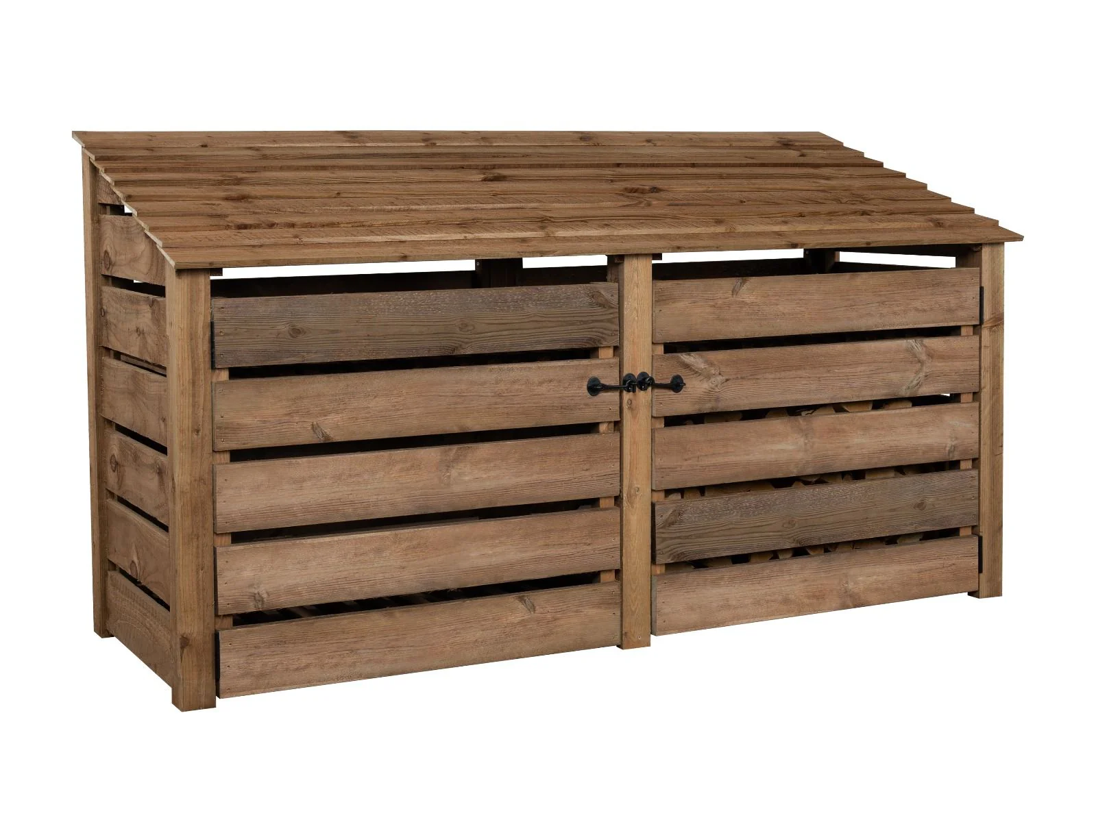 Slatted Wooden Log Store with Doors and Shelf W-227cm, H-126cm or 180cm, D-88cm - Brown Finish - Image 6