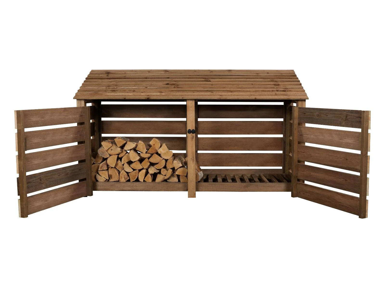 Slatted Wooden Log Store with Doors and Shelf W-227cm, H-126cm or 180cm, D-88cm - Brown Finish - Image 7