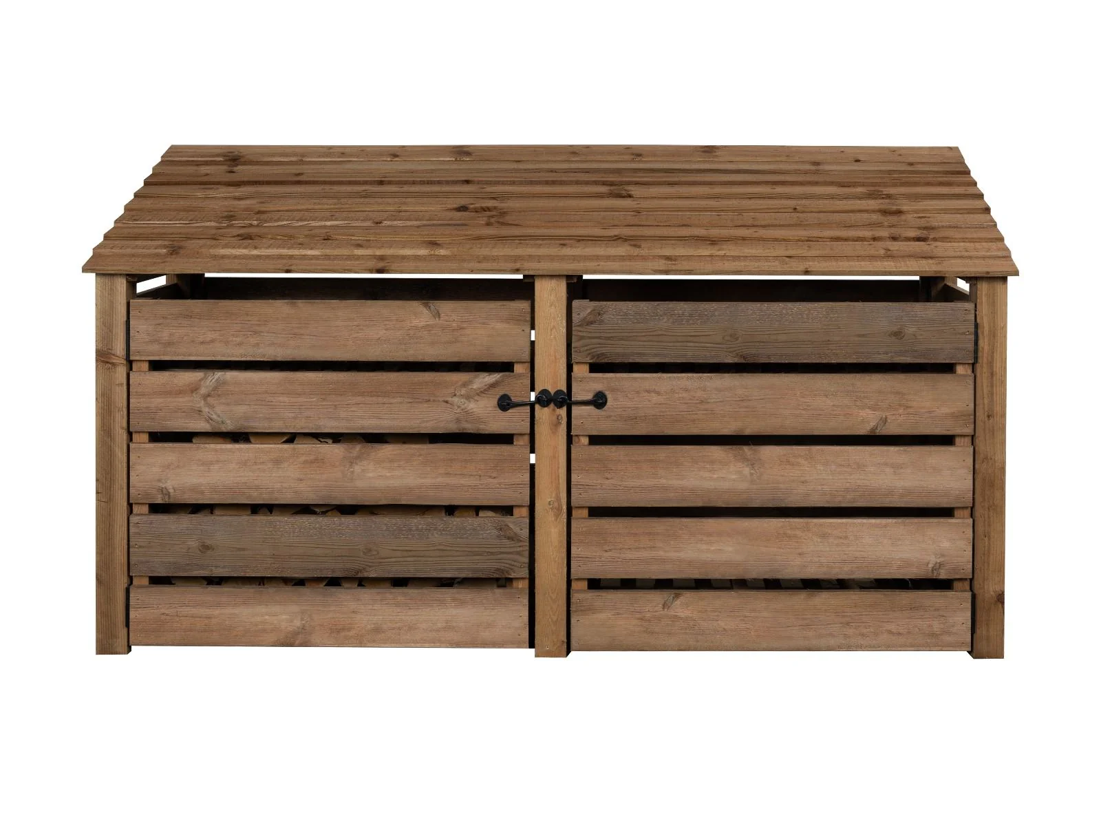Slatted Wooden Log Store with Doors and Shelf W-227cm, H-126cm or 180cm, D-88cm - Brown Finish - Image 9