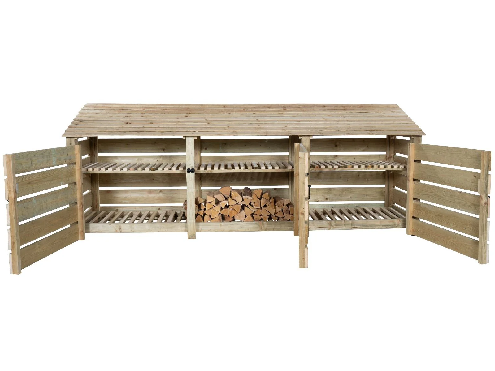 Slatted Wooden Log Store with Doors and Shelf W-335cm, H-126cm or 180cm, D-88cm - Image 3