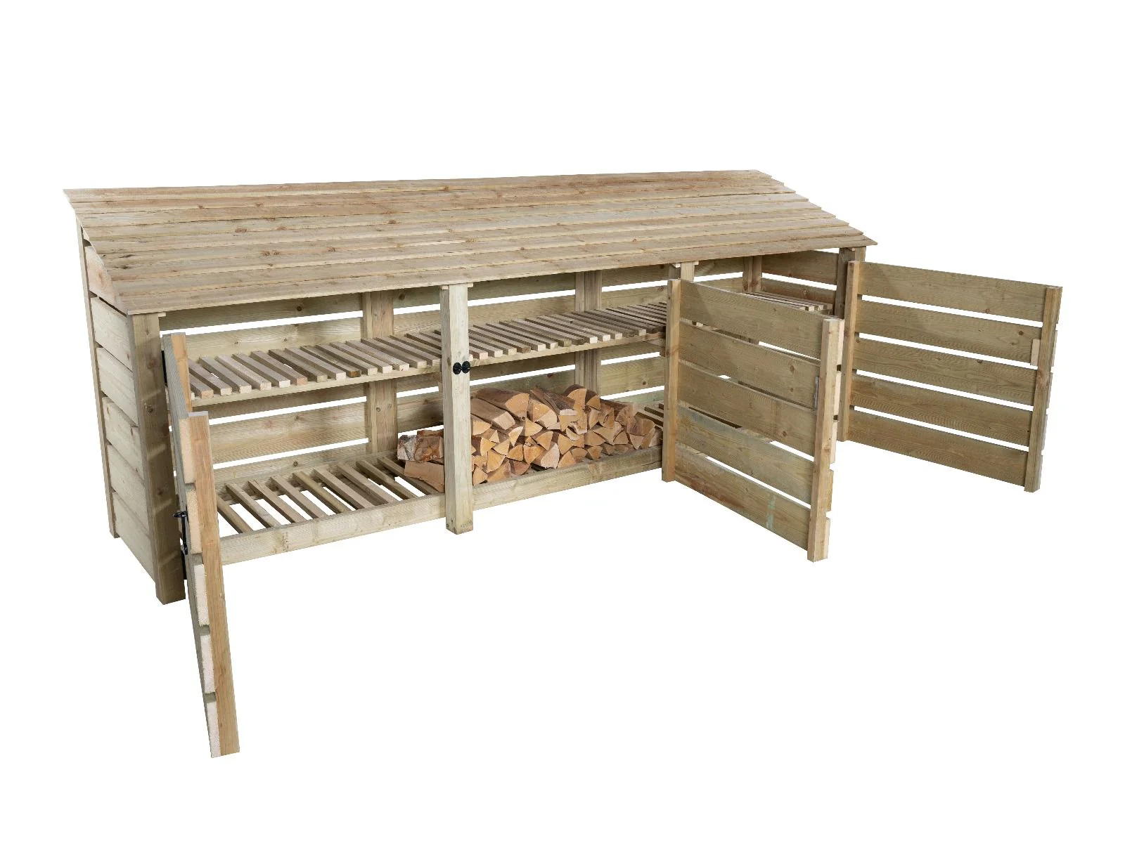 Slatted Wooden Log Store with Doors and Shelf W-335cm, H-126cm or 180cm, D-88cm - Image 4