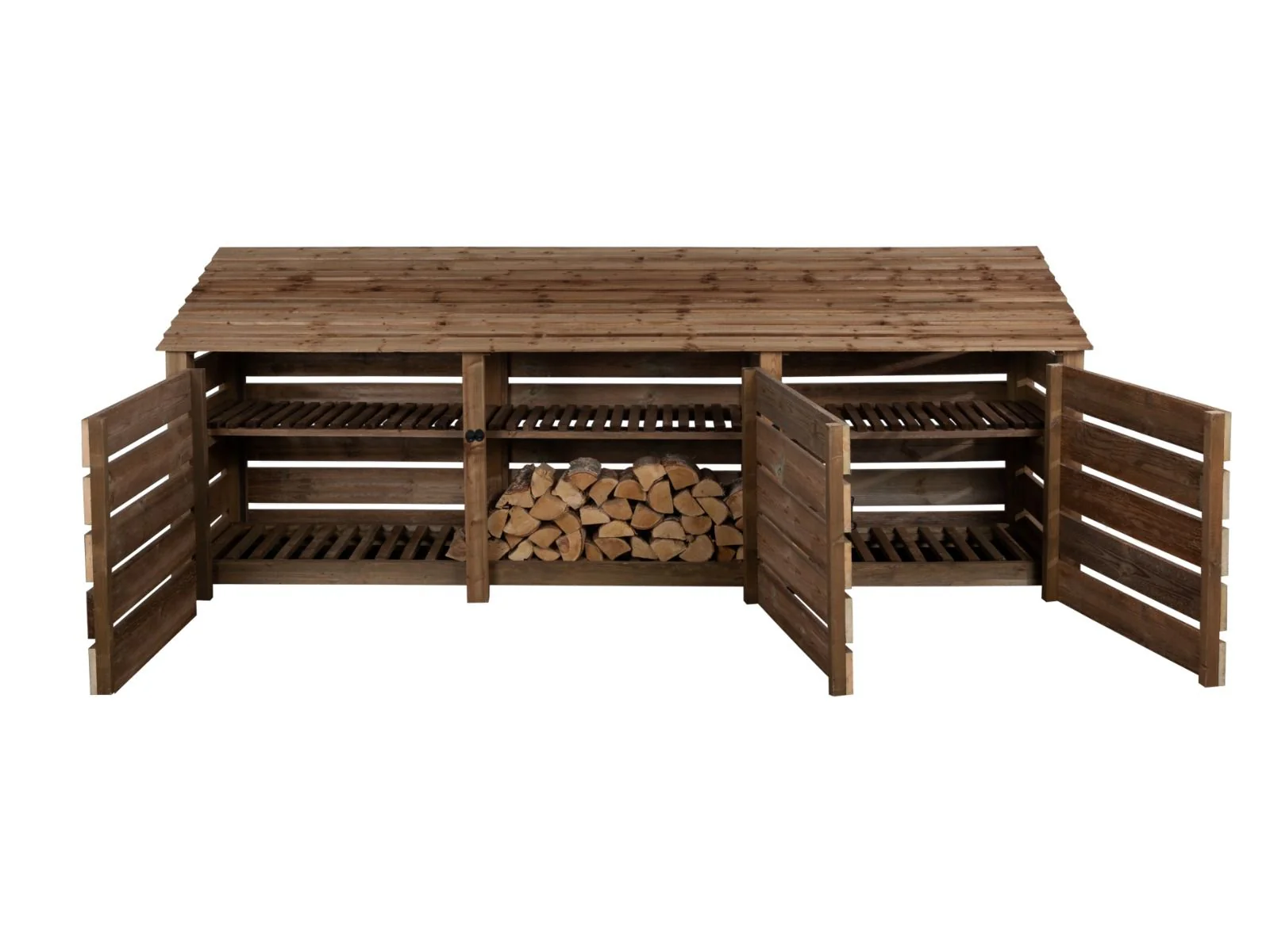 Slatted Wooden Log Store with Doors and Shelf W-335cm, H-126cm or 180cm, D-88cm - Brown Finish - Image 4