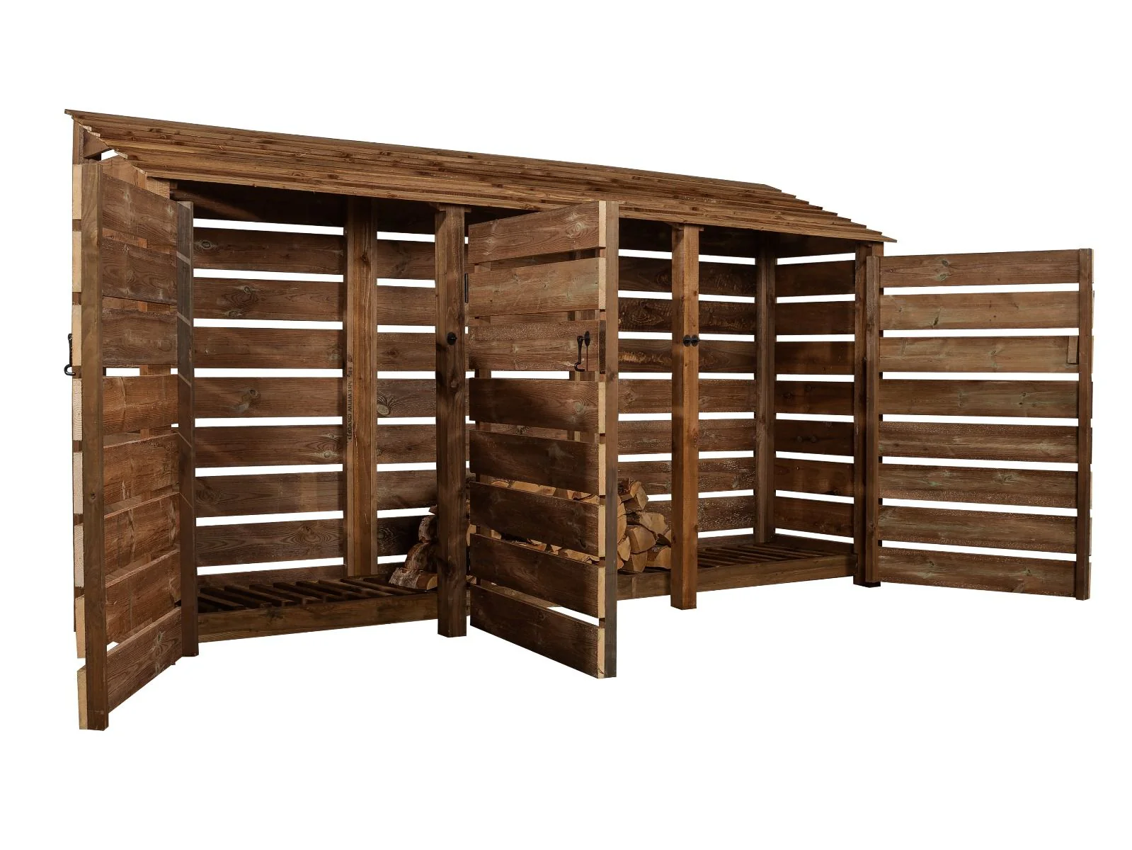 Slatted Wooden Log Store with Doors W-335cm, H-126cm or 180cm, D-88cm - Brown Finish - Image 4
