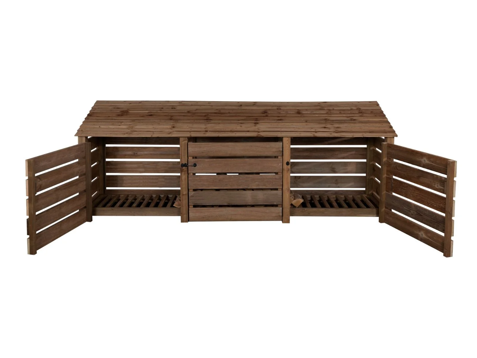 Slatted Wooden Log Store with Doors W-335cm, H-126cm or 180cm, D-88cm - Brown Finish - Image 5