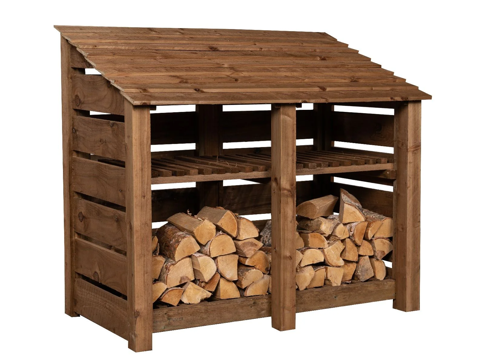 Slatted Wooden Log Store with Shelf W-146cm, H-126cm or 180cm, D-88cm - Brown Finish - Image 5