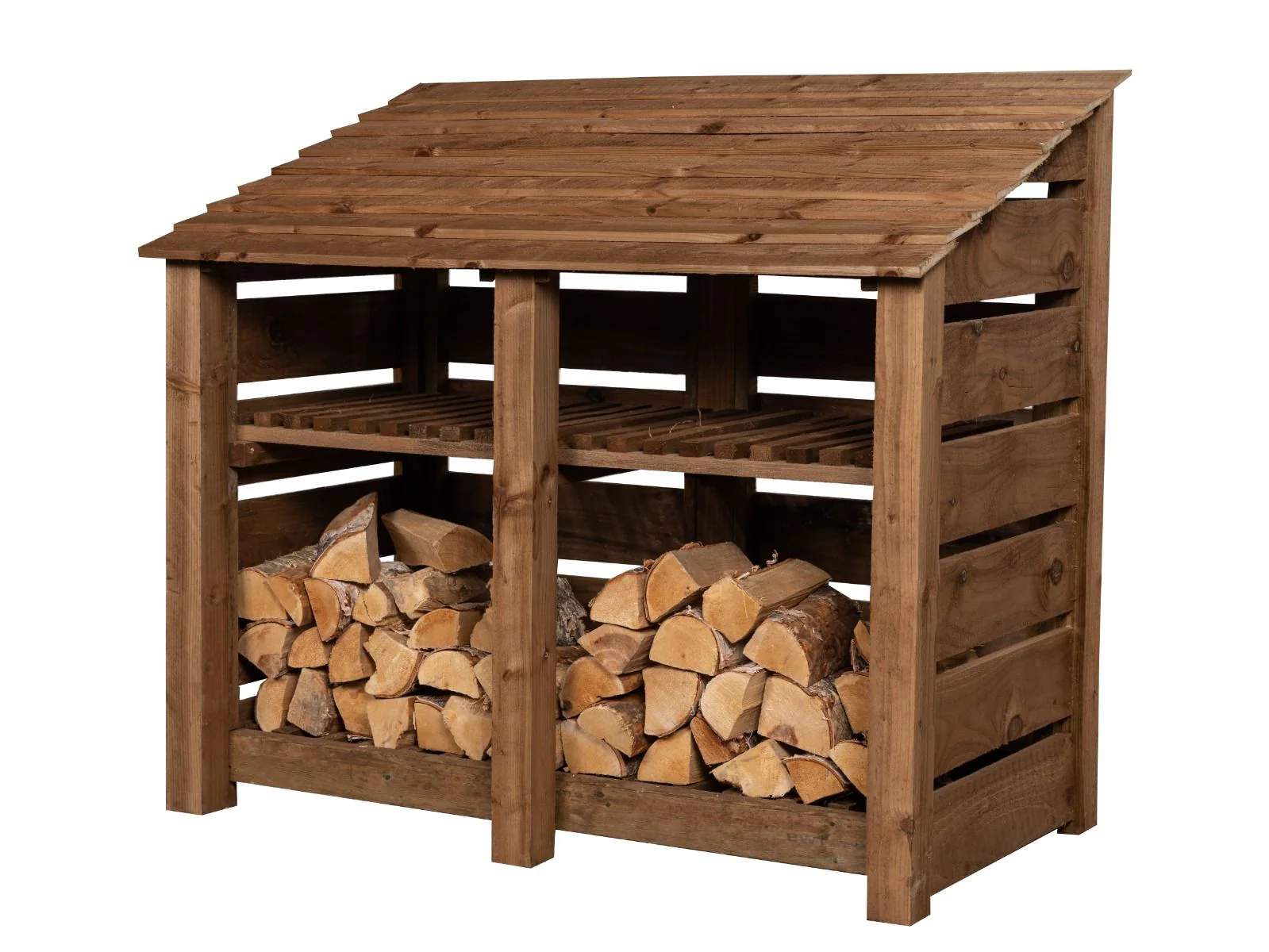 Slatted Wooden Log Store with Shelf W-146cm, H-126cm or 180cm, D-88cm - Brown Finish - Image 6