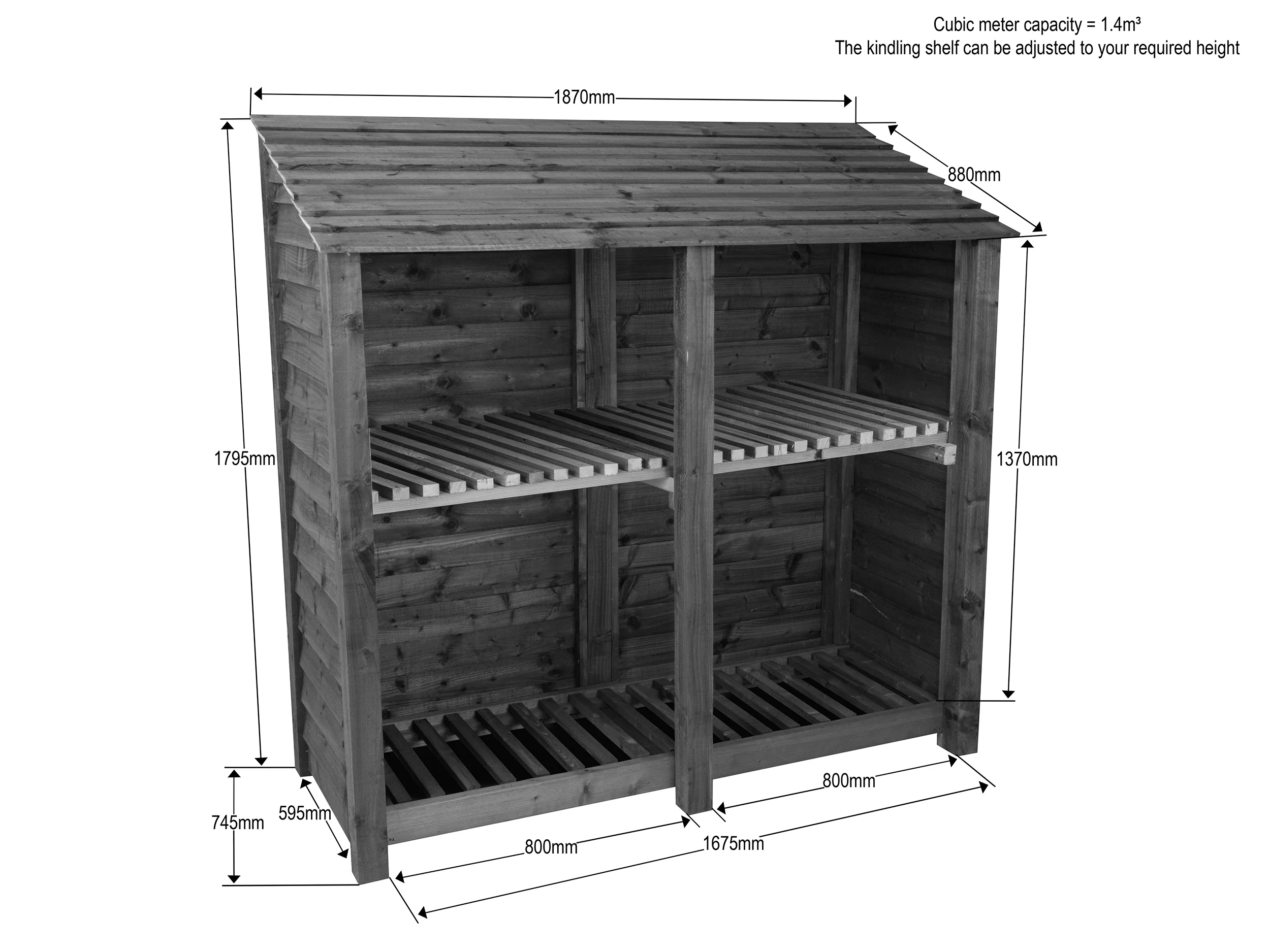 Slatted Wooden Log Store with Shelf W-187cm, H-126cm or 180cm, D-88cm - Image 10