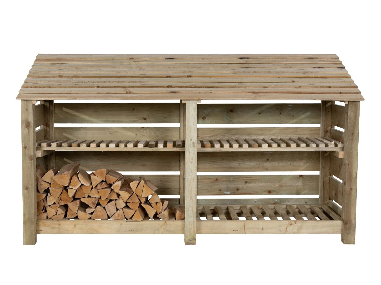 Slatted Wooden Log Store with Shelf W-227cm, H-126cm or 180cm, D-88cm - Image 3