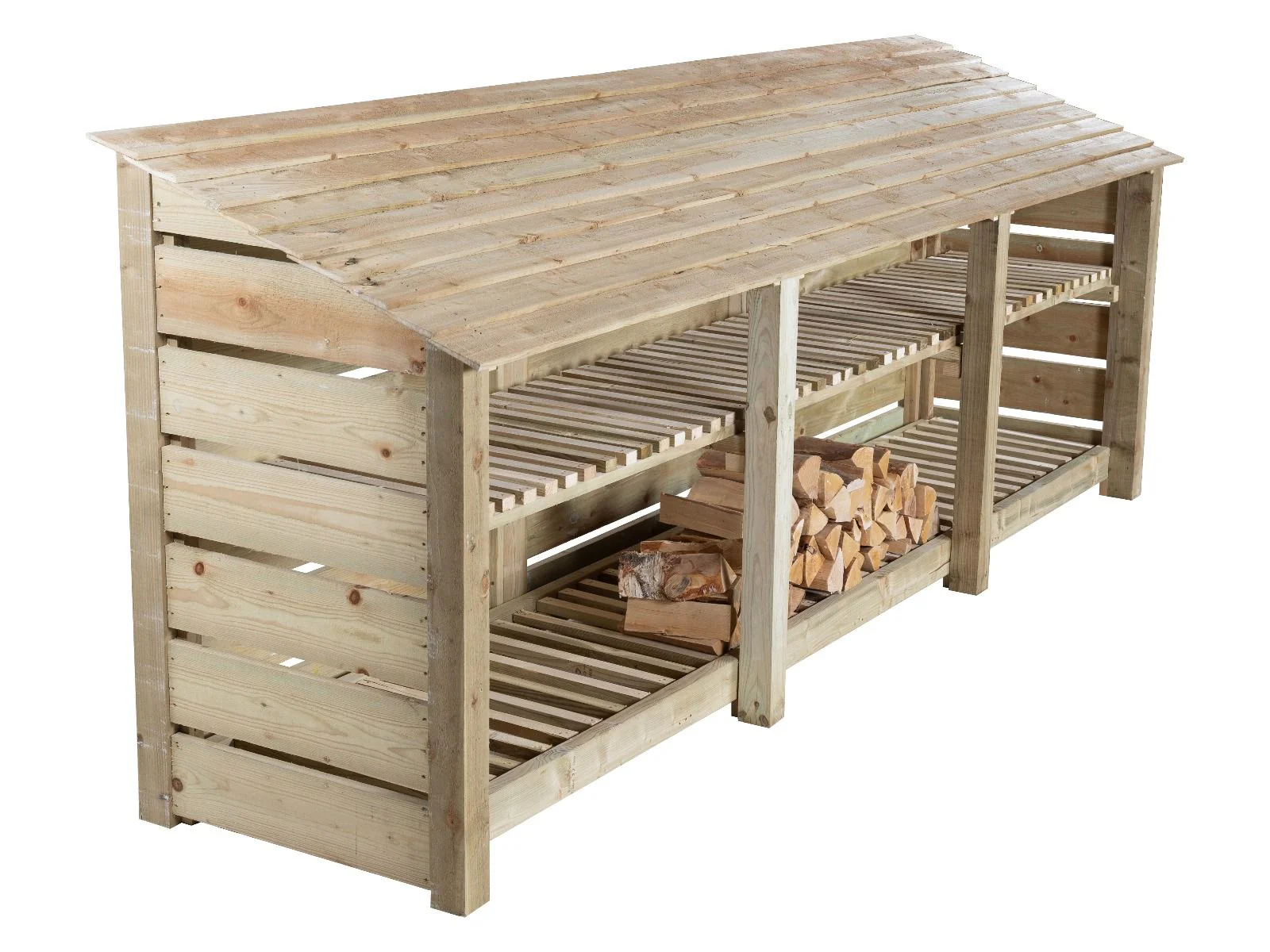 Slatted Wooden Log Store with Shelf W-335cm, H-126cm or 180cm, D-88cm - Image 4