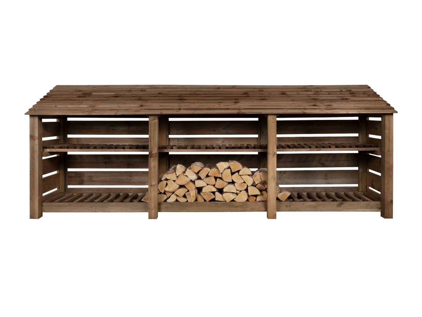 Slatted Wooden Log Store with Shelf W-335cm, H-126cm or 180cm, D-88cm - Brown Finish - Image 3