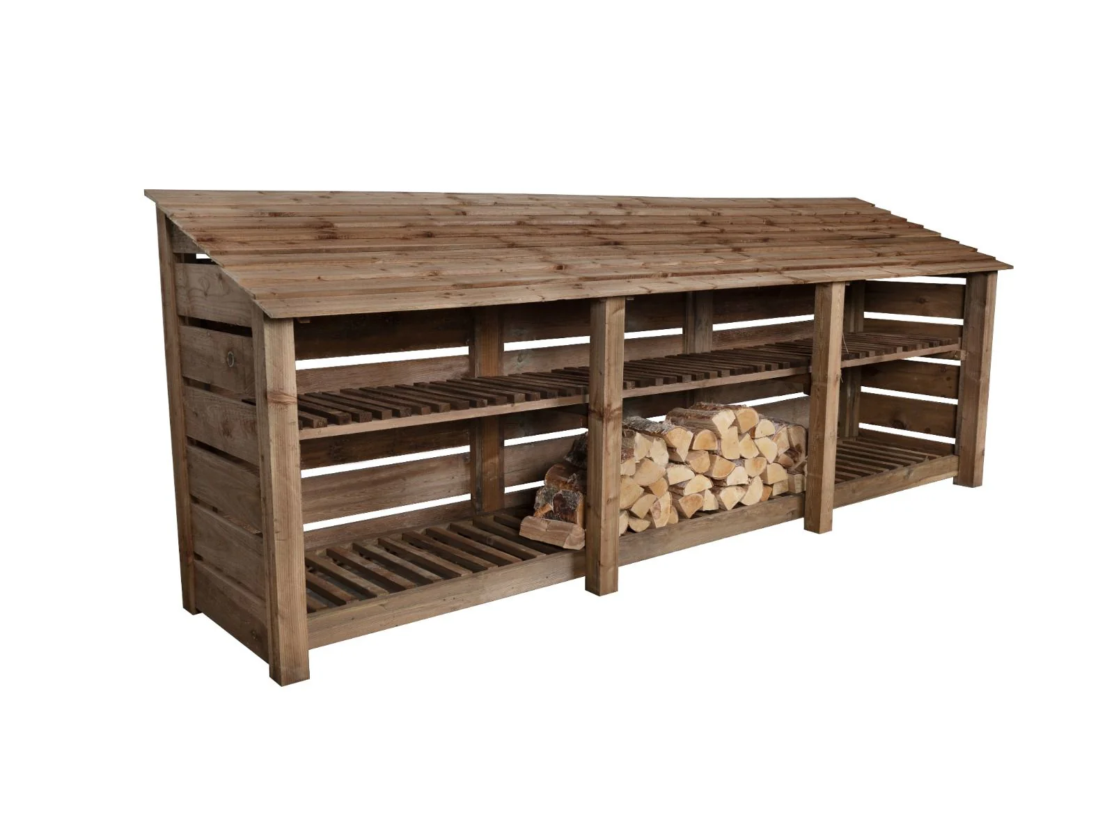 Slatted Wooden Log Store with Shelf W-335cm, H-126cm or 180cm, D-88cm - Brown Finish - Image 4