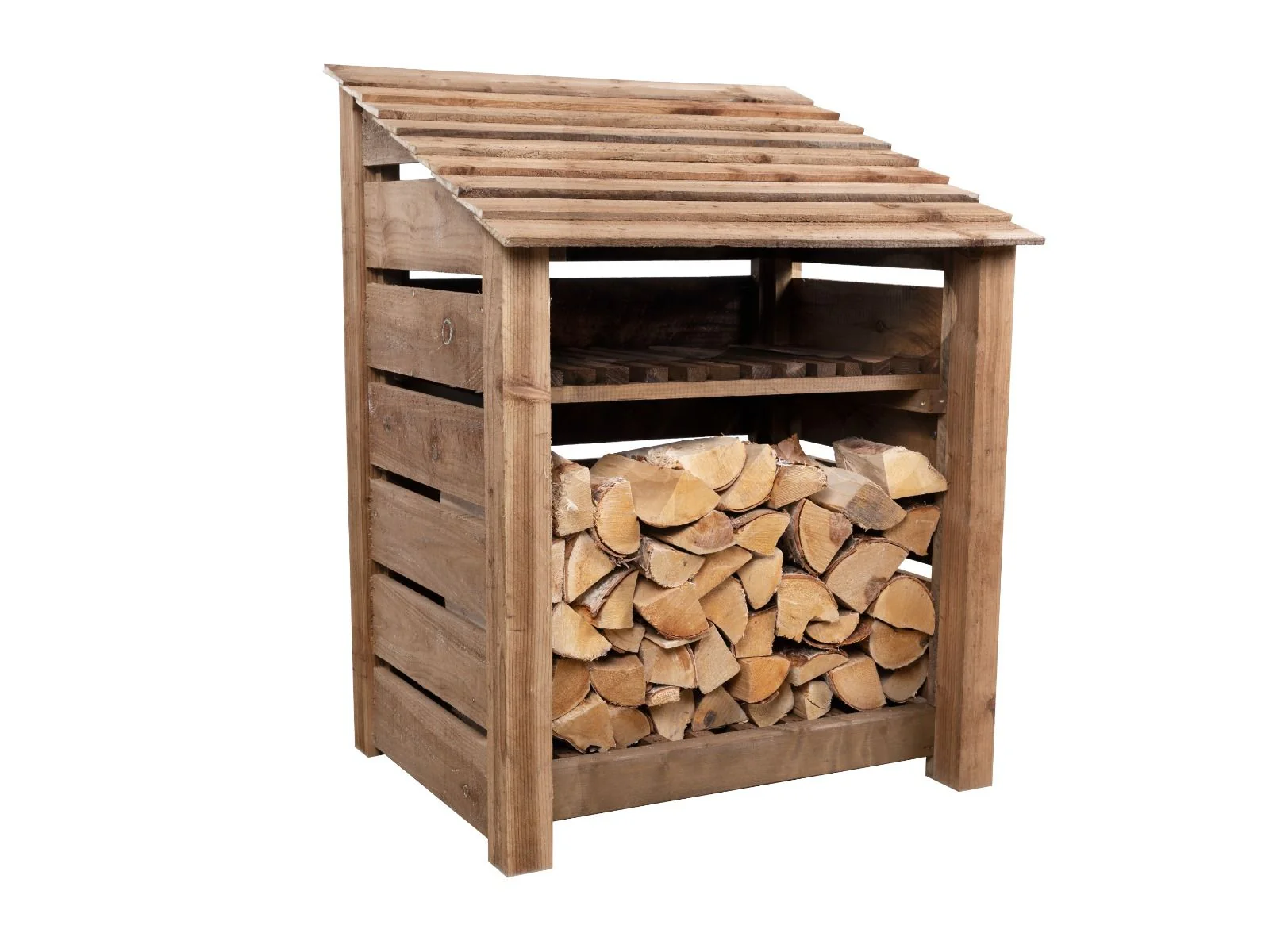Slatted Wooden Log Store with Shelf W-99cm, H-126cm or 180cm, D-88cm - Brown Finish - Image 5