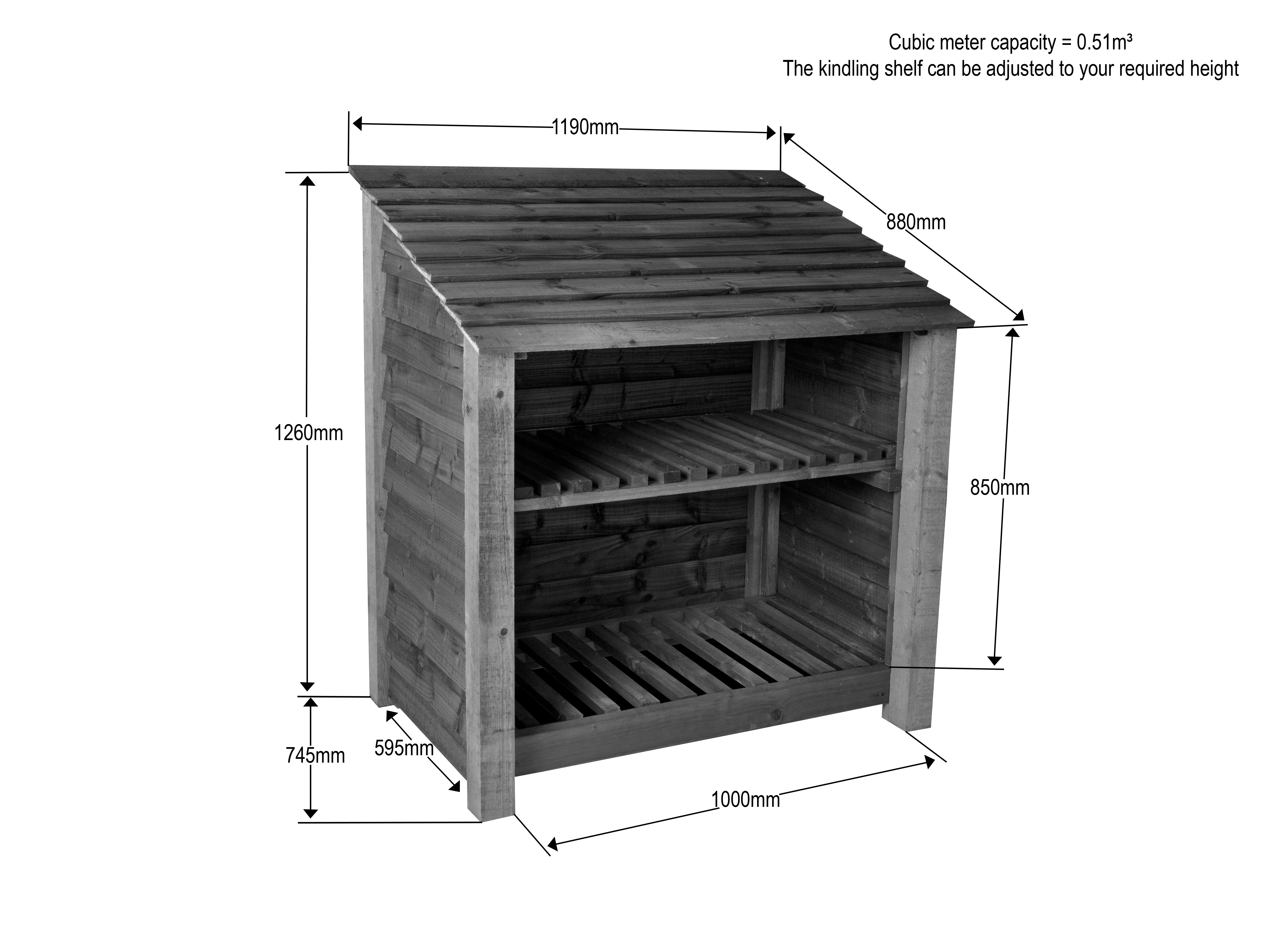 Slatted Wooden Log Store with Shelf W-99cm, H-126cm or 180cm, D-88cm - Brown Finish - Image 7