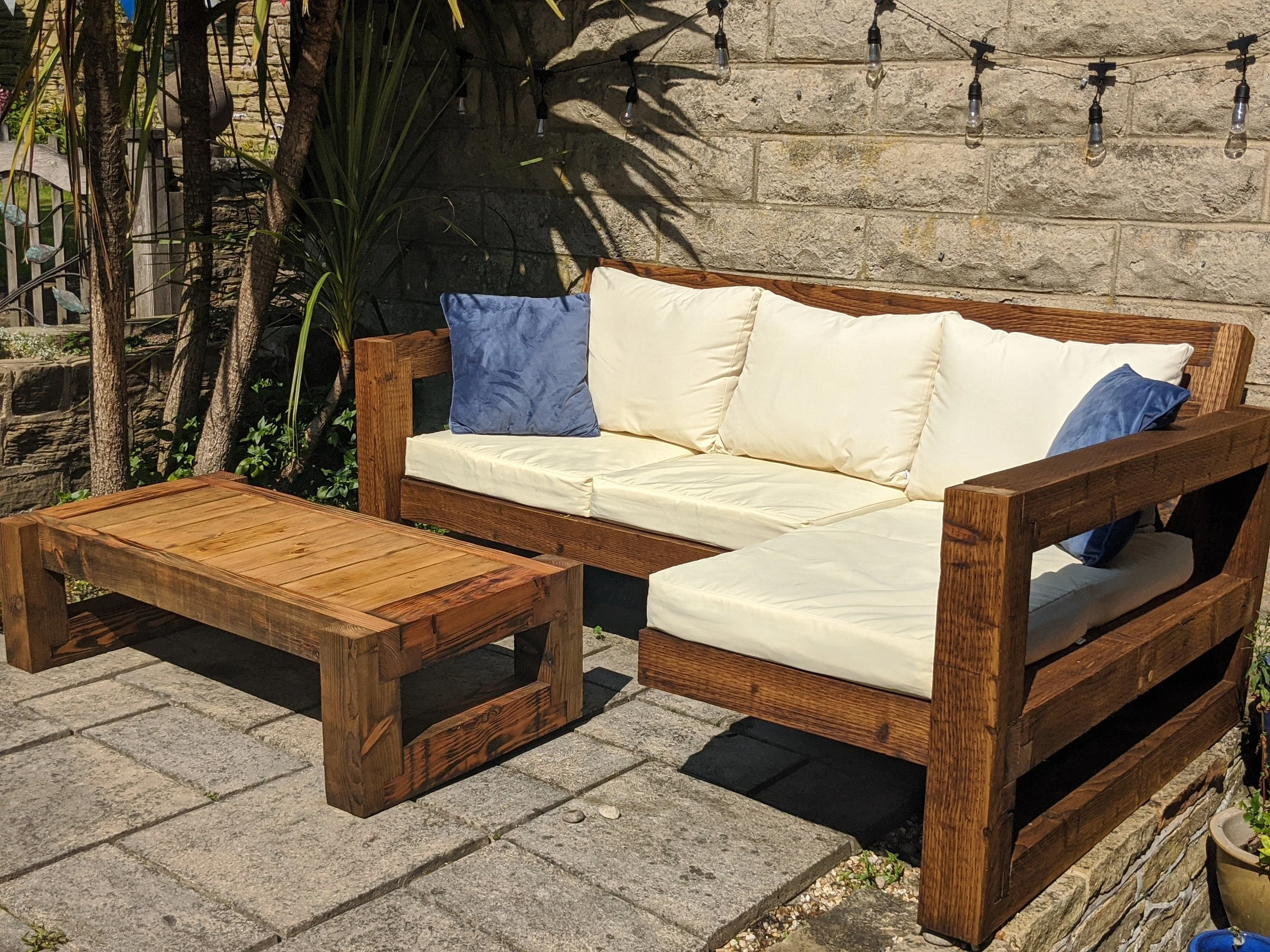 Solid Wood Garden Sofa 3 seat with foot rest & table - Image 2