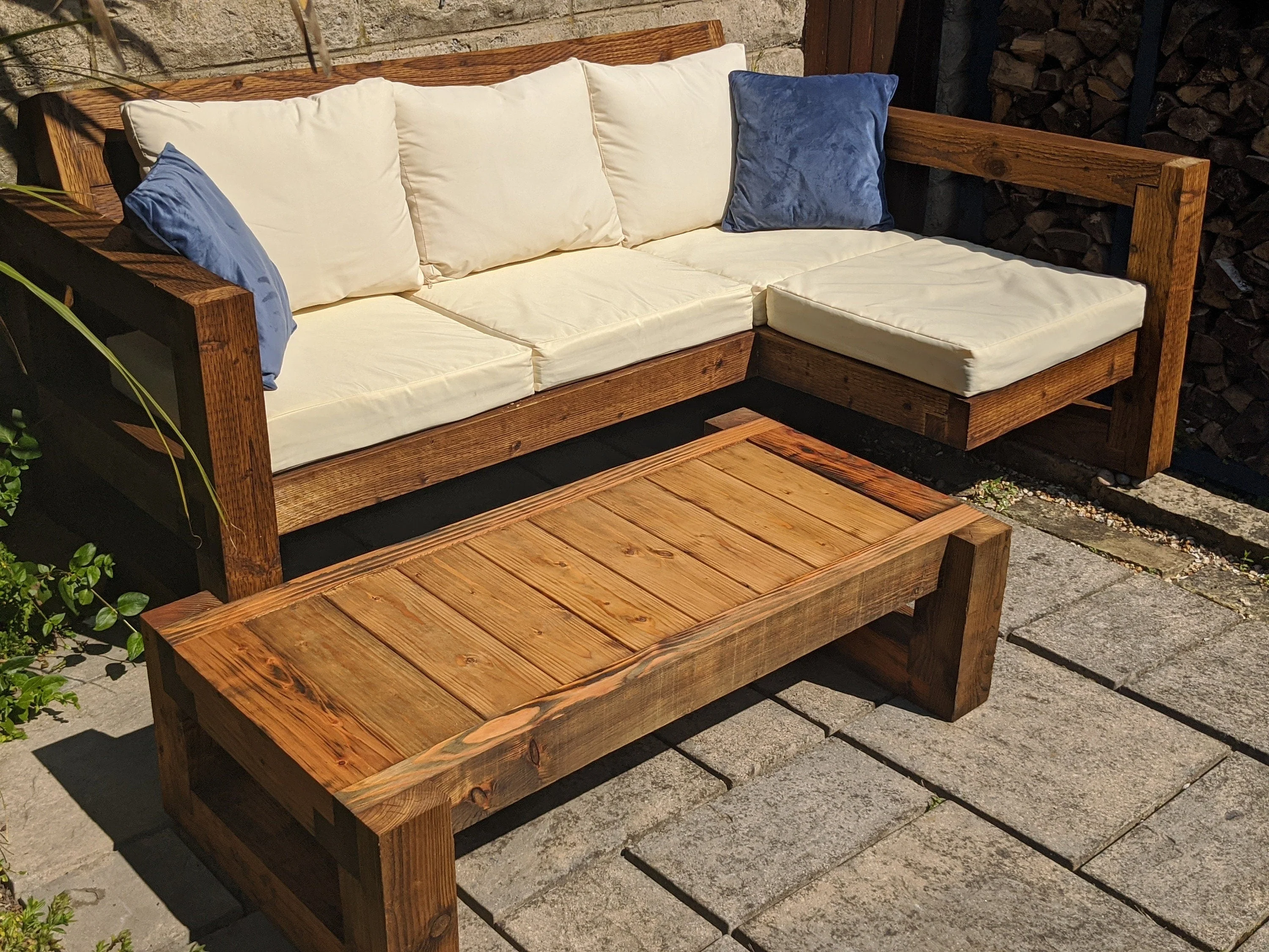 Solid Wood Garden Sofa 3 seat with foot rest & table - Image 4