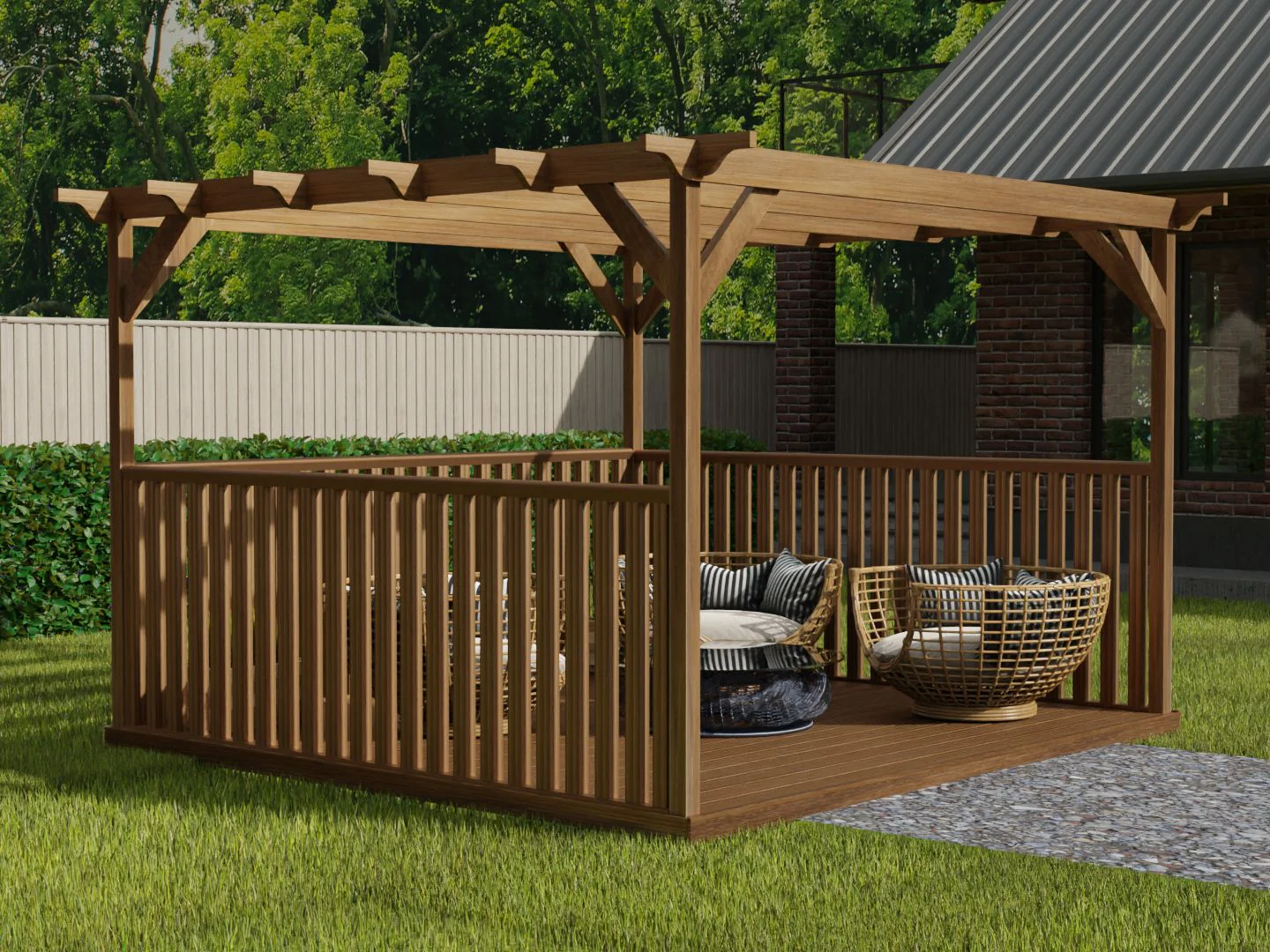 Square Pergola And Decking Kit With Three Side Balustrade - Image 4