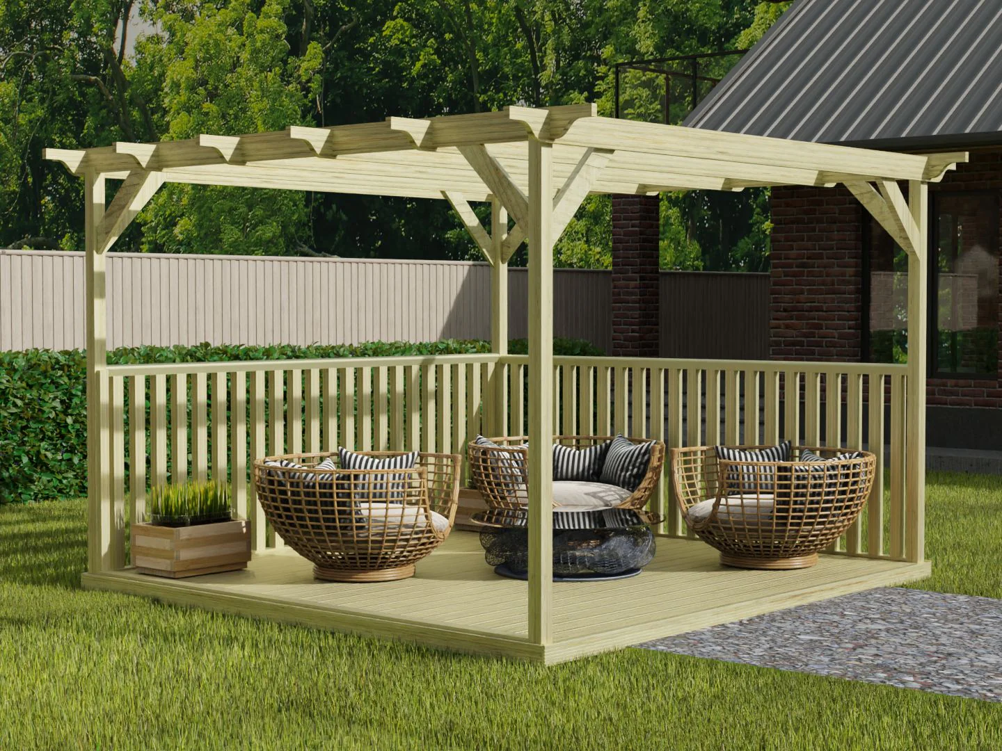 Square Pergola And Decking Kit With Two Side Balustrade - Image 2