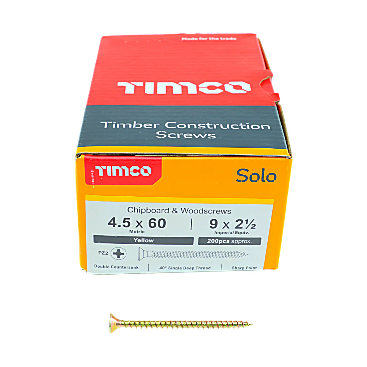 Timco 45060SOLOC Solo Chipboard & Woodscrews - Pz - Double Countersunk - Yellow 4.5 X 60 Box 200 - Image 3