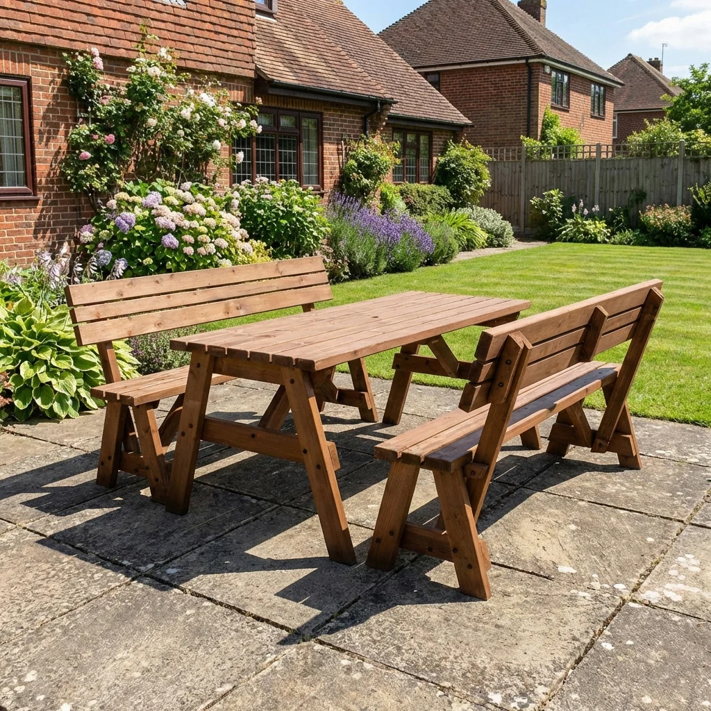 Victoria Picnic Table and Benches Set With Backrest - Rustic Finish - Image 5