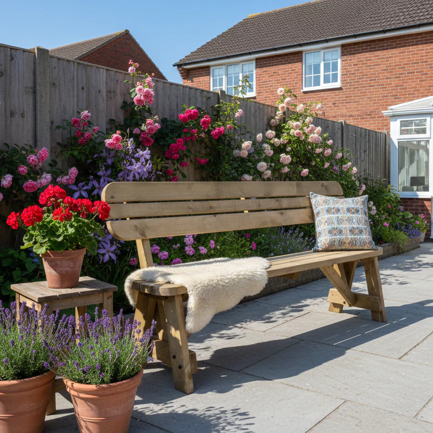 Victoria Rounded Garden Fence Bench with Backrest - Rustic Finish - Image 3